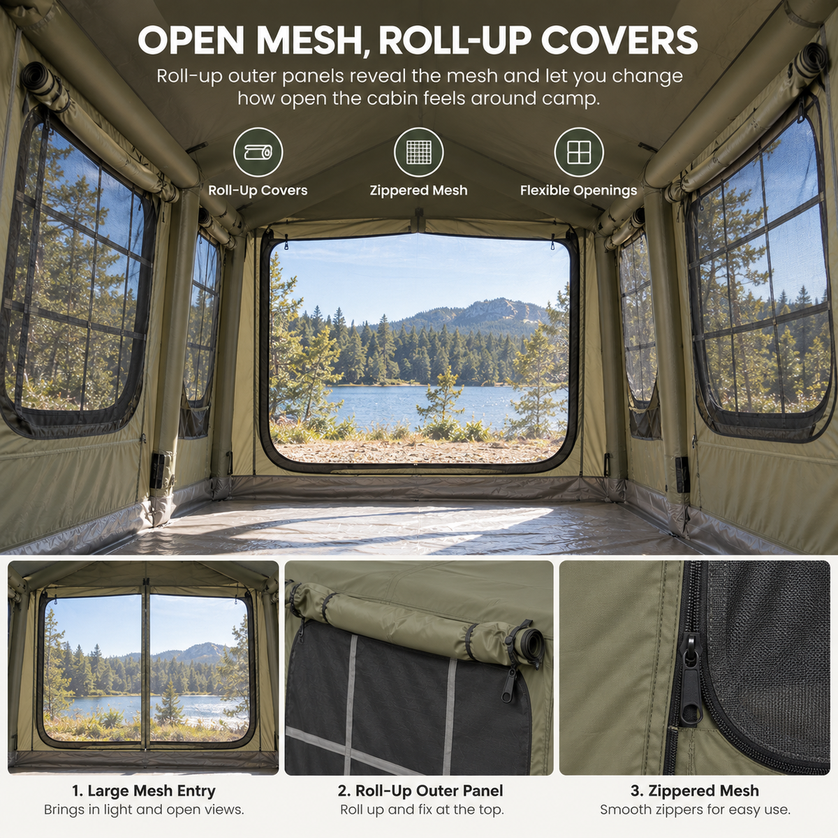 Inflatable Cabin Camping Tent 520x360cm with Mesh Entry - Olive Green