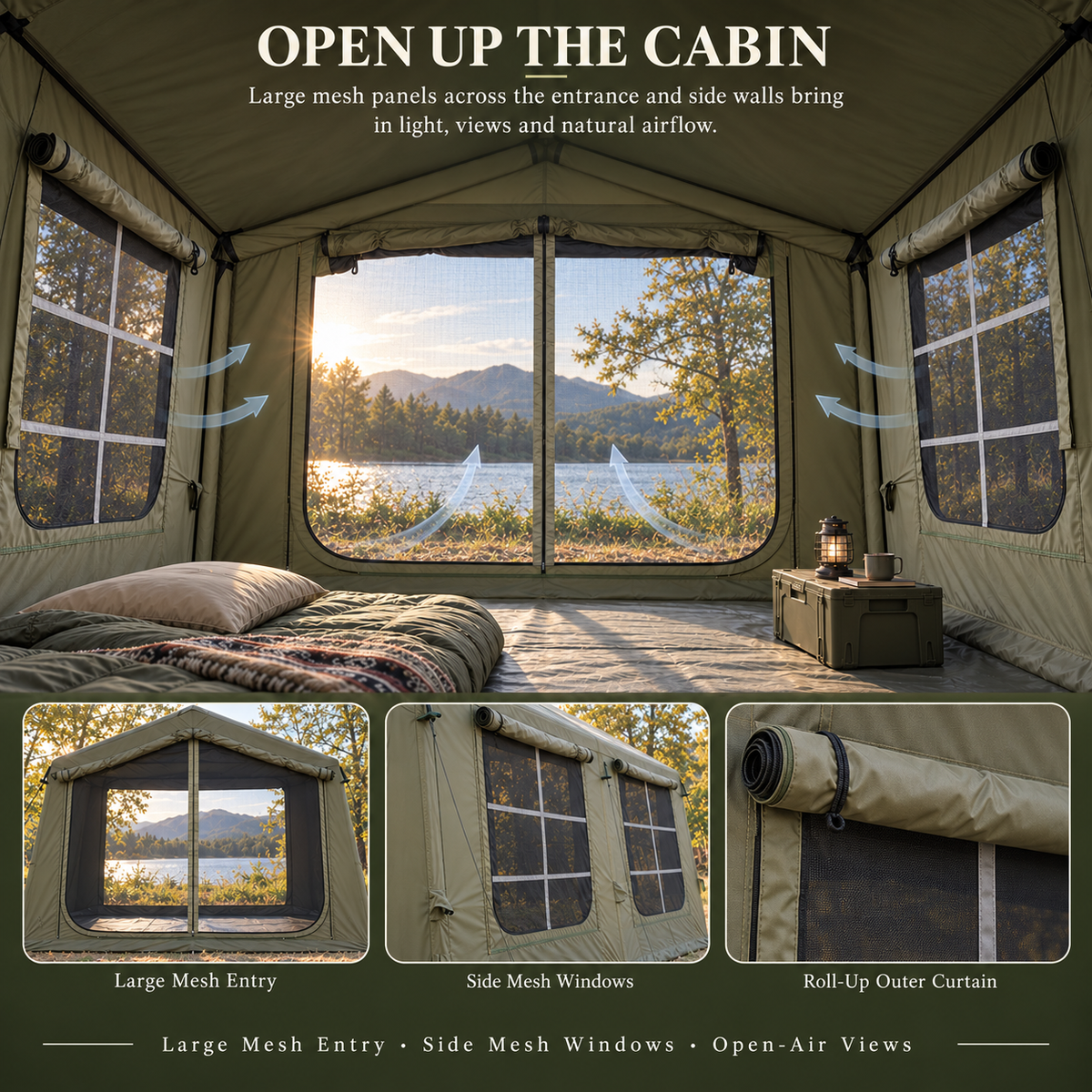Inflatable Cabin Camping Tent 520x360cm with Mesh Entry - Olive Green