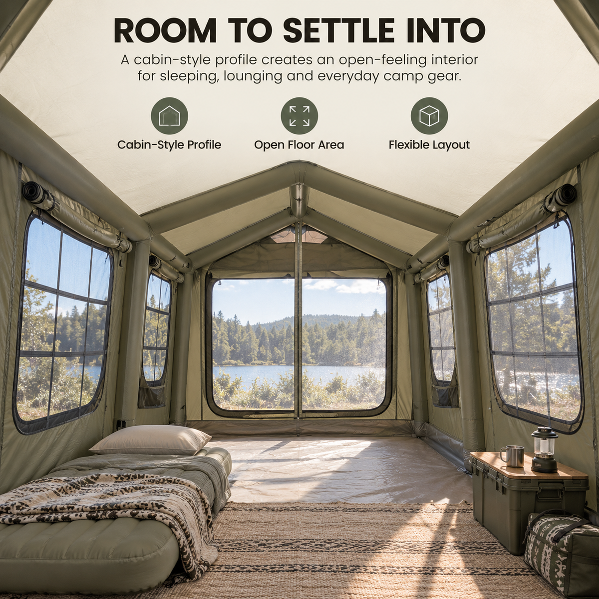 Inflatable Cabin Camping Tent 520x360cm with Mesh Entry - Olive Green