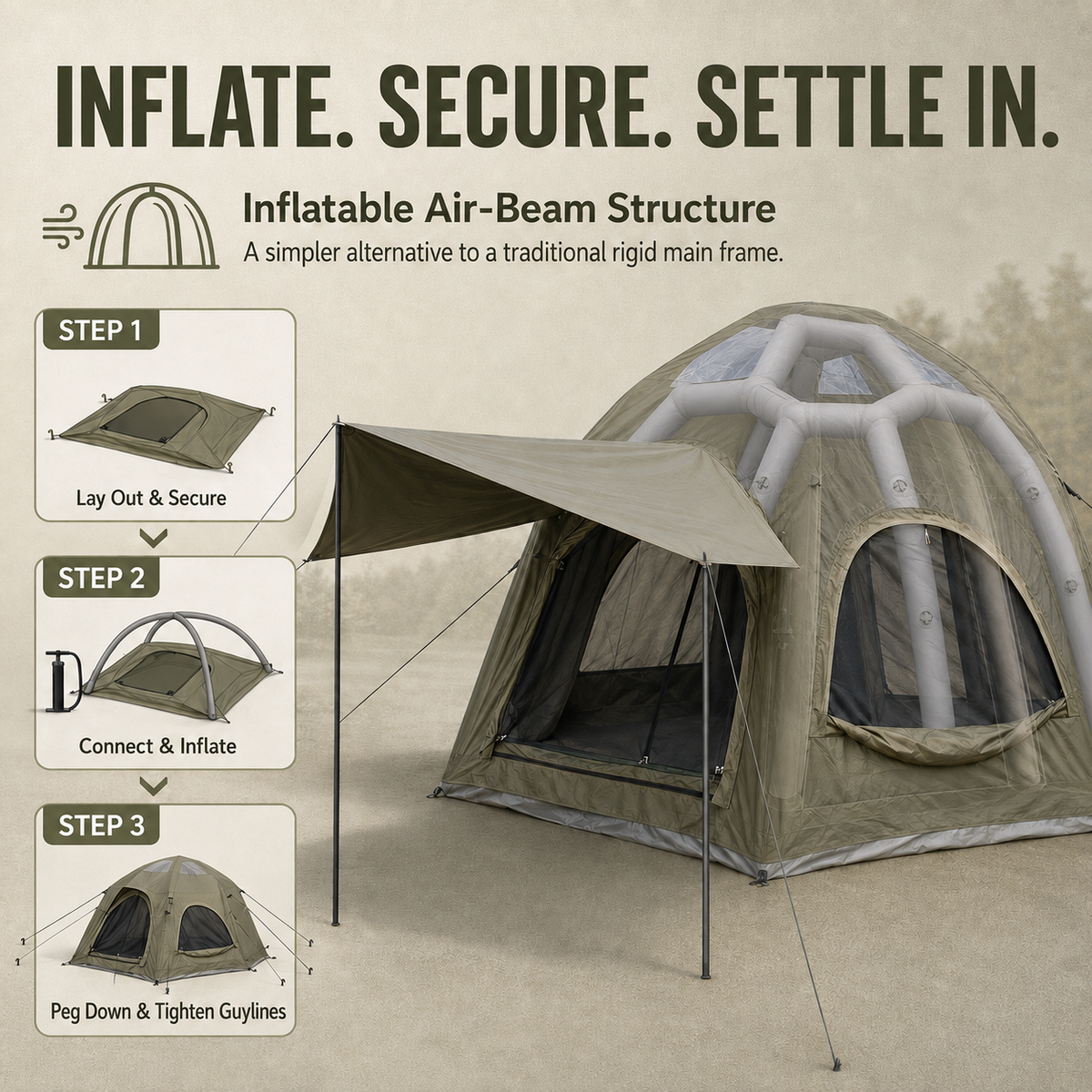 4 Person Inflatable Camping Tent with TC Canvas Sun Shade and Rain Protection - Green