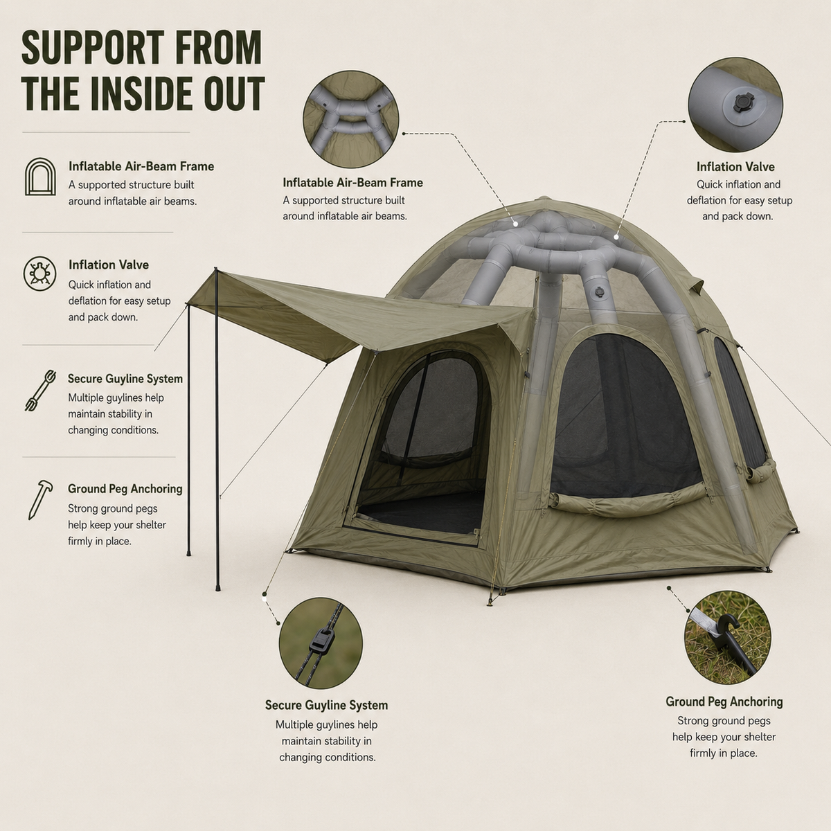 4 Person Inflatable Camping Tent with TC Canvas Sun Shade and Rain Protection - Green