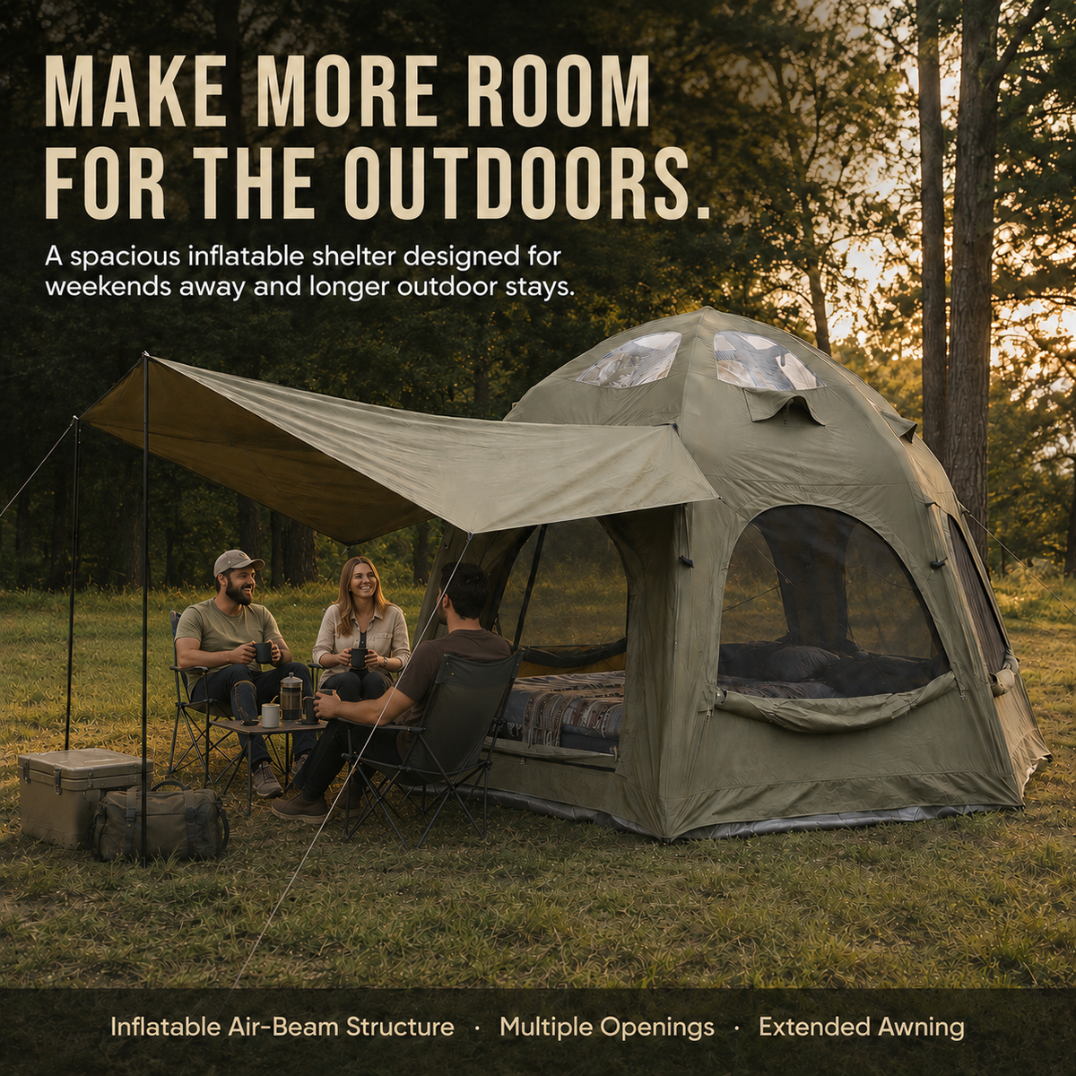 4 Person Inflatable Camping Tent with TC Canvas Sun Shade and Rain Protection - Green