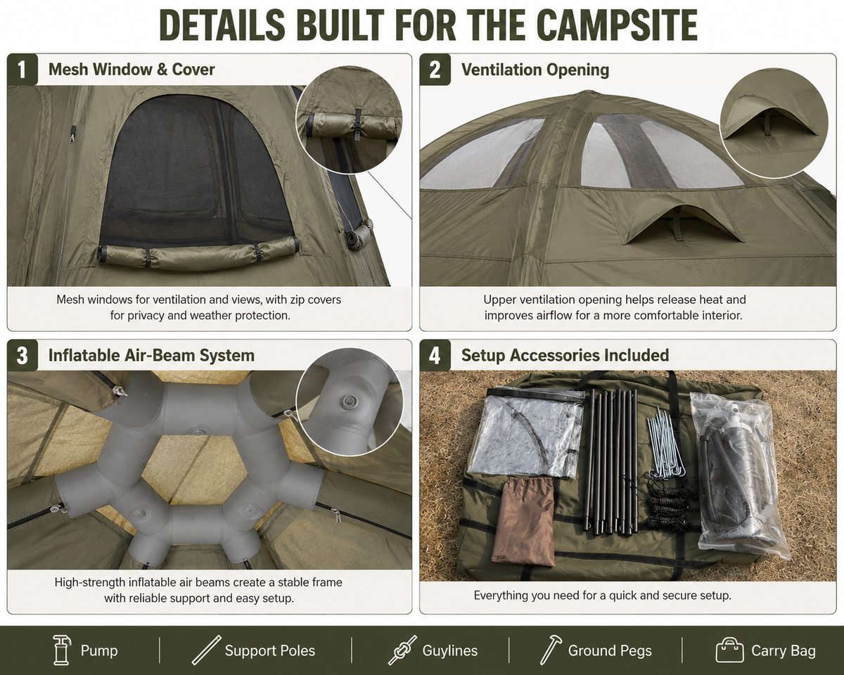 4 Person Inflatable Camping Tent with TC Canvas Sun Shade and Rain Protection - Green