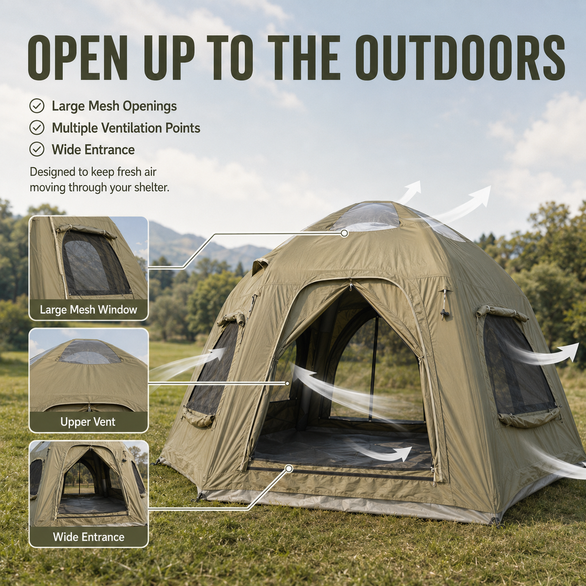 4 Person Inflatable Camping Tent with TC Canvas Sun Shade and Rain Protection - Green