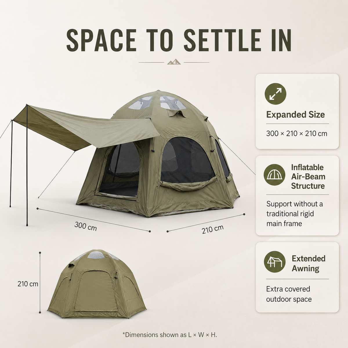 4 Person Inflatable Camping Tent with TC Canvas Sun Shade and Rain Protection - Green
