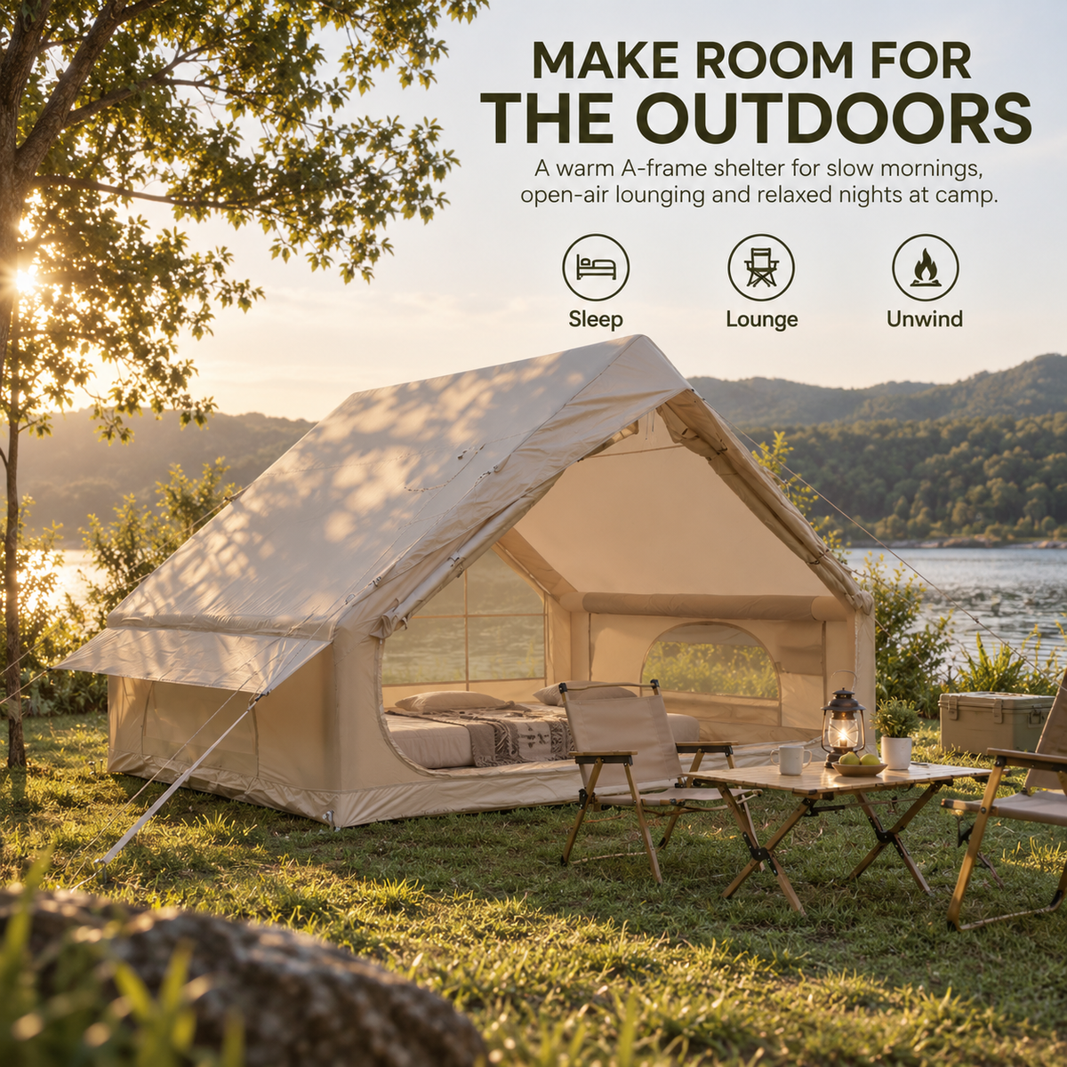 Inflatable A-Frame Camping Tent Large Outdoor Glamping - Beige
