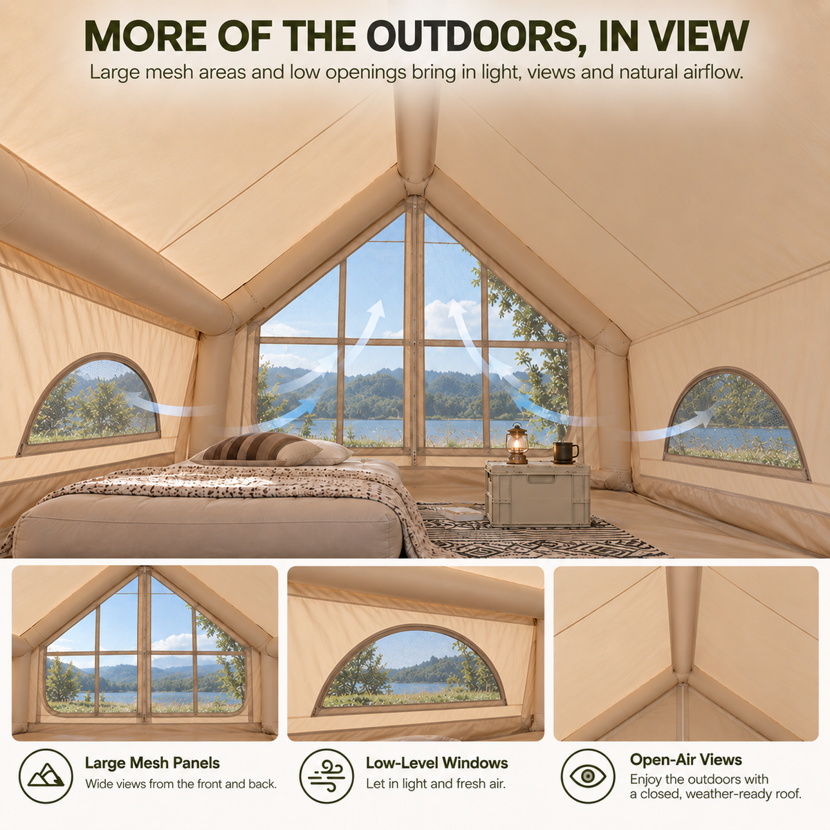 Inflatable A-Frame Camping Tent Large Outdoor Glamping - Beige
