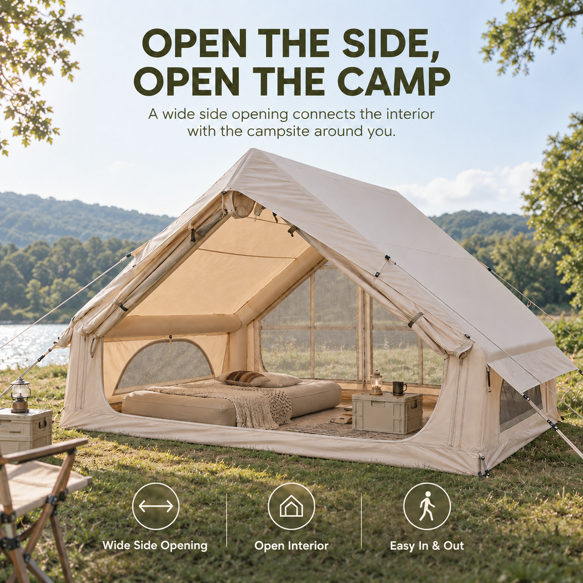 Inflatable A-Frame Camping Tent Large Outdoor Glamping - Beige