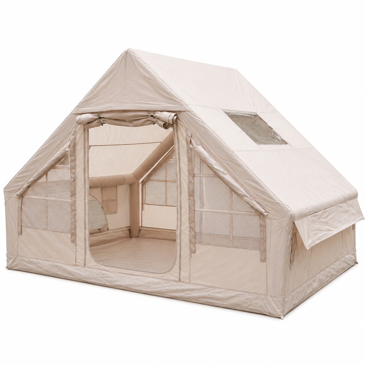 A-Frame Inflatable Air Tent with Mesh Windows for Family Glamping - Khaki