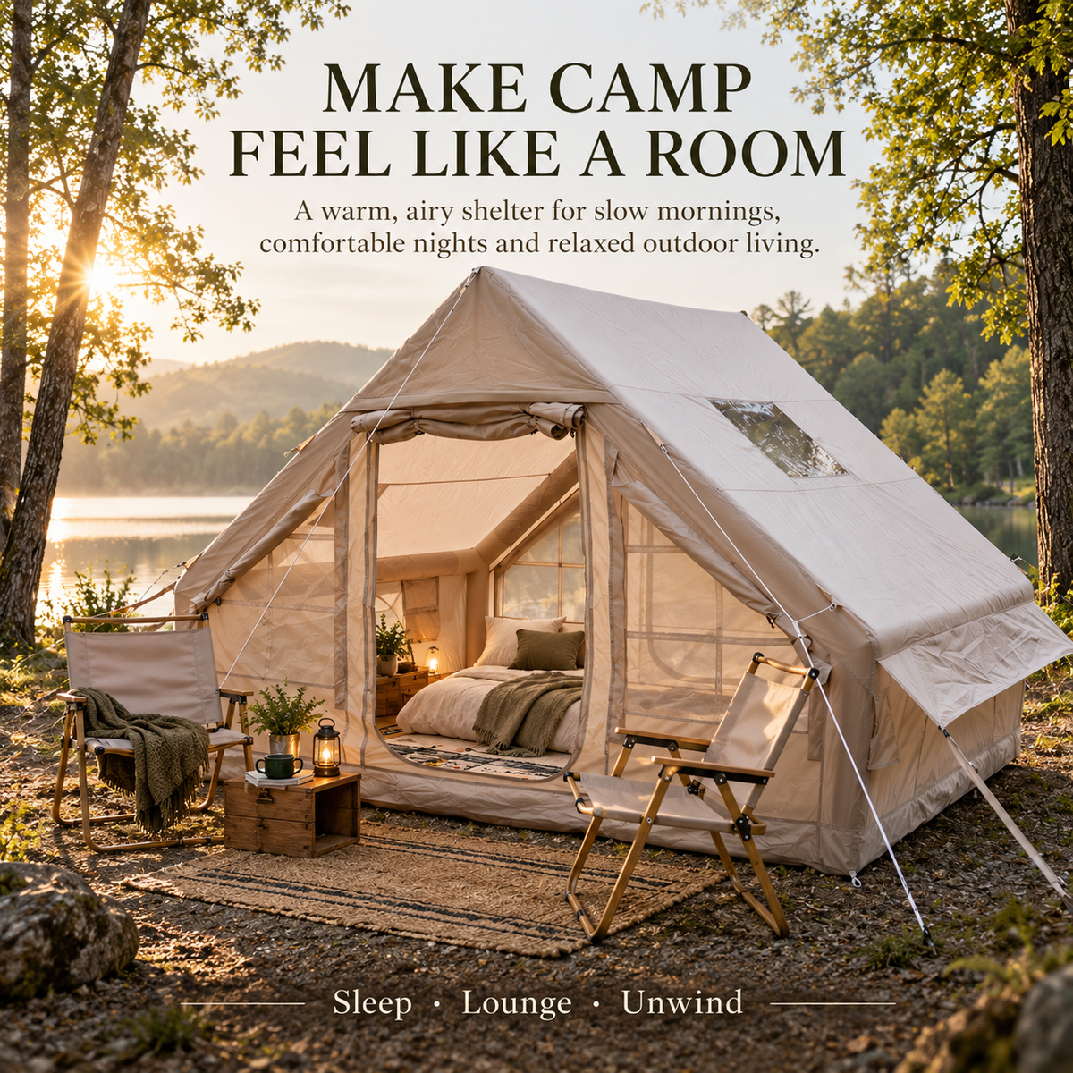 A-Frame Inflatable Air Tent with Mesh Windows for Family Glamping - Khaki