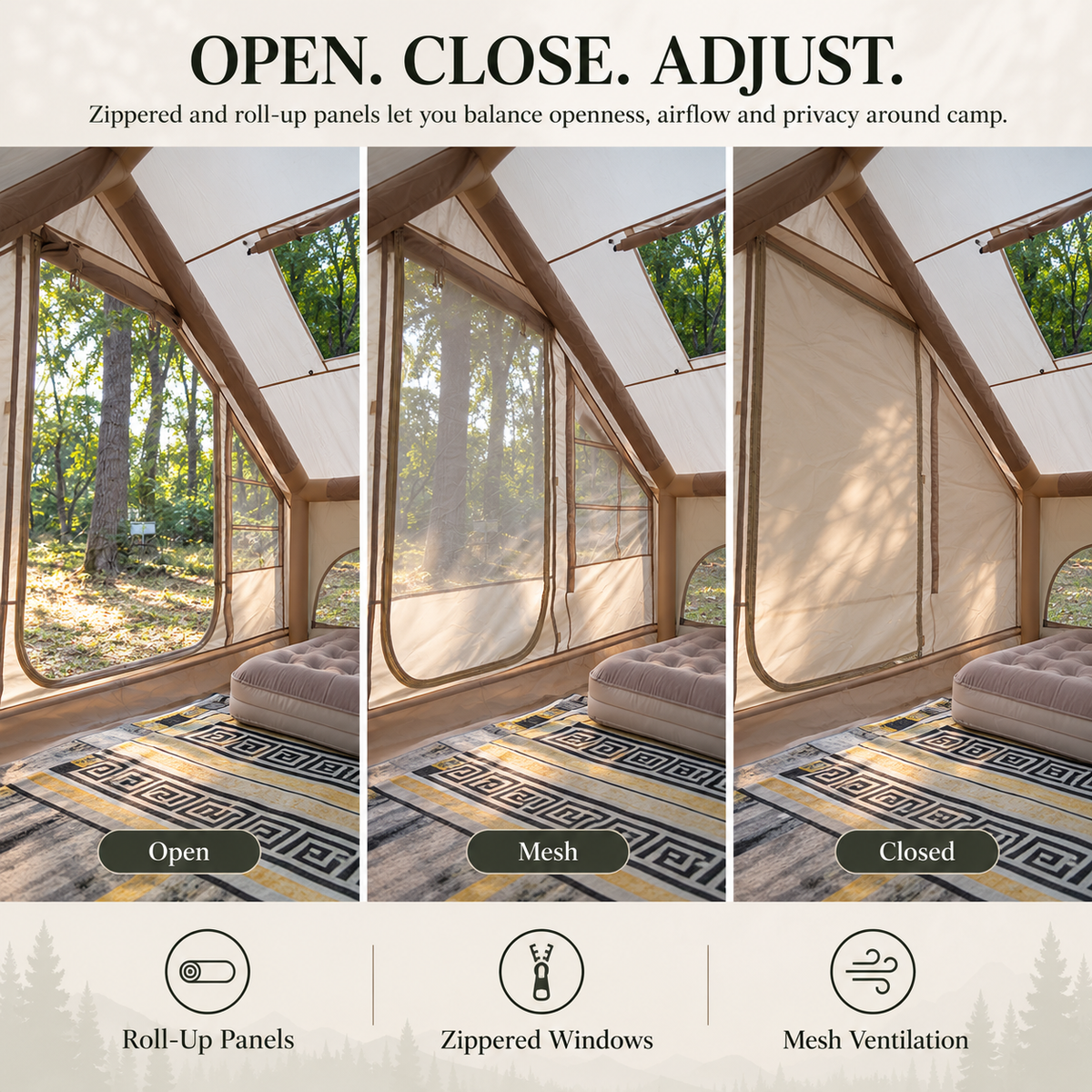 A-Frame Inflatable Air Tent with Mesh Windows for Family Glamping - Khaki