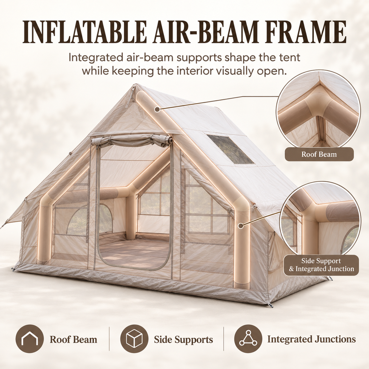 A-Frame Inflatable Air Tent with Mesh Windows for Family Glamping - Khaki