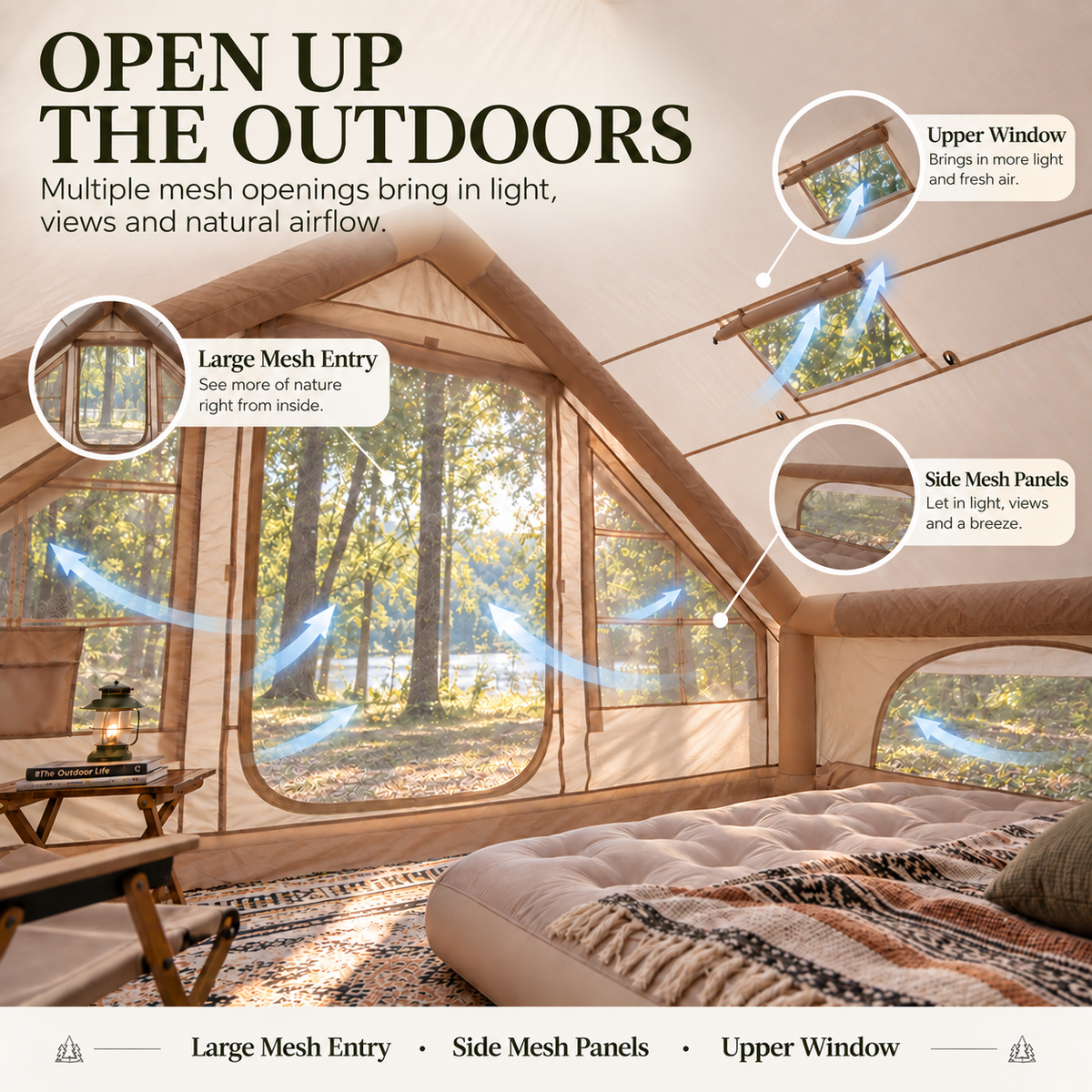 A-Frame Inflatable Air Tent with Mesh Windows for Family Glamping - Khaki