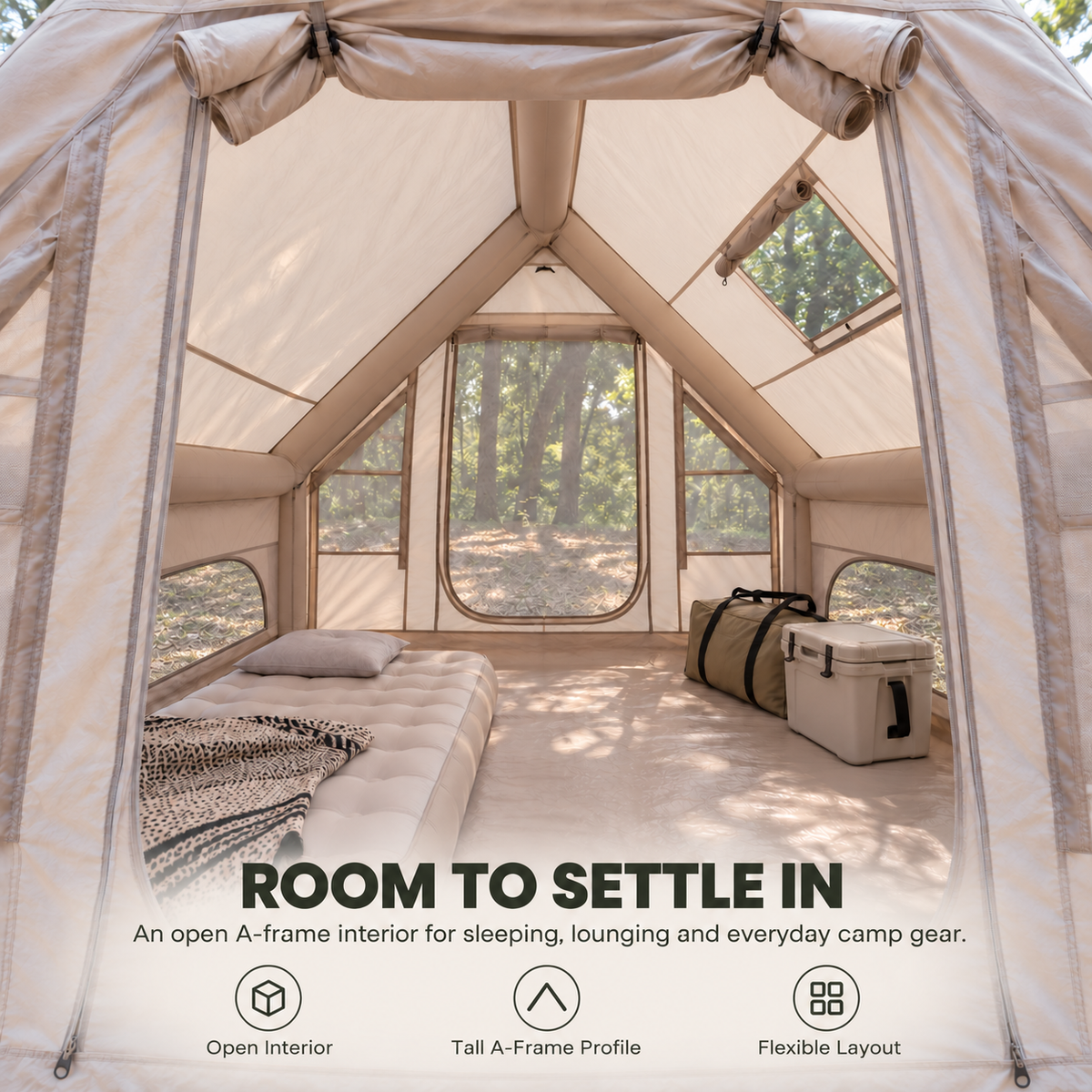 A-Frame Inflatable Air Tent with Mesh Windows for Family Glamping - Khaki