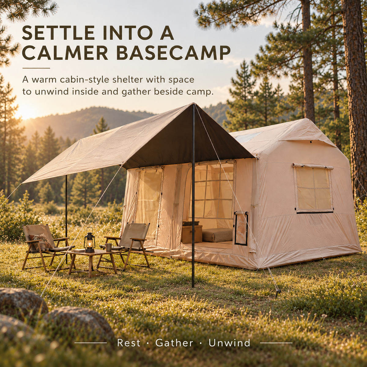 Inflatable Cabin Tent 300x400cm with Side Awning and Roof Skylight - Khaki