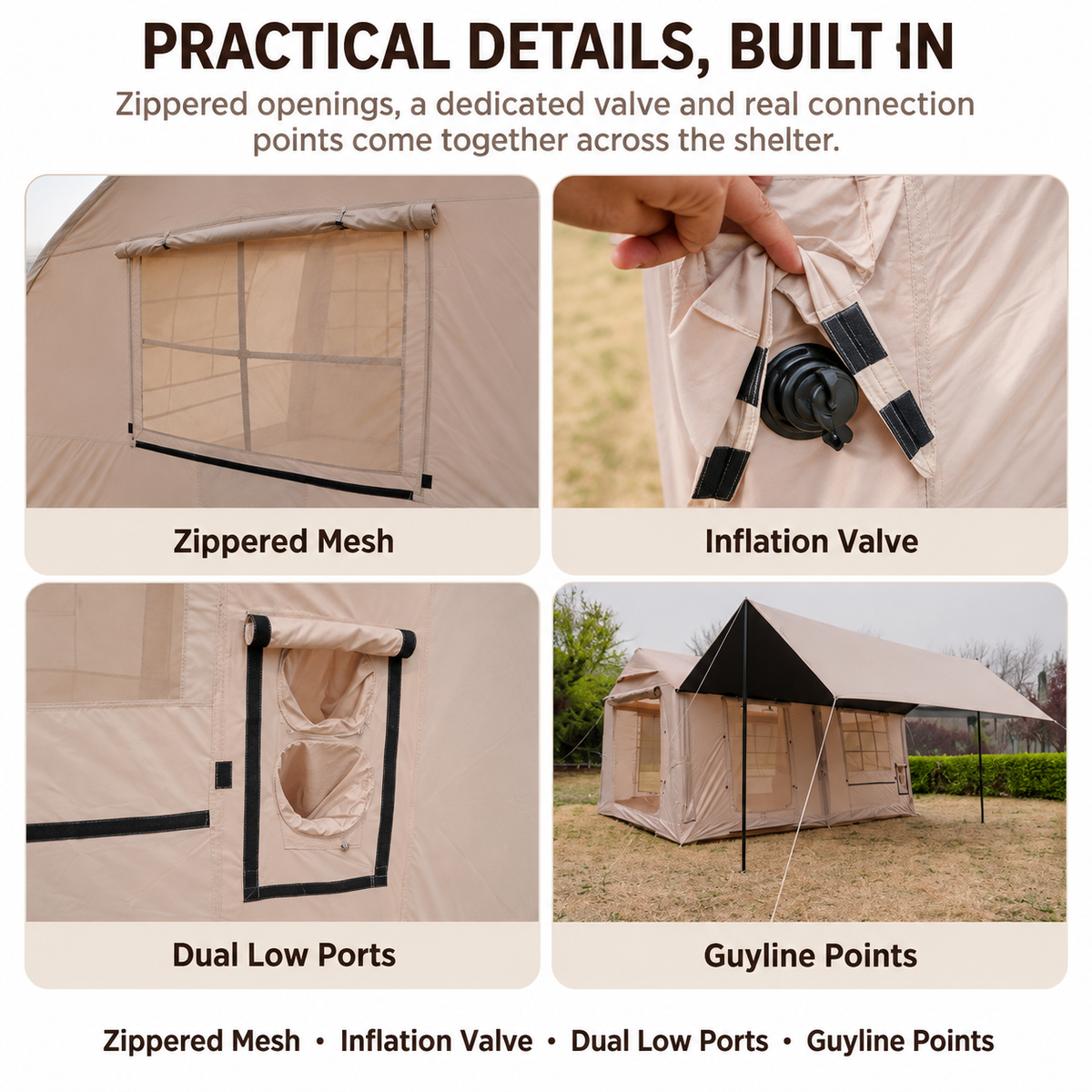 Inflatable Cabin Tent 300x400cm with Side Awning and Roof Skylight - Khaki