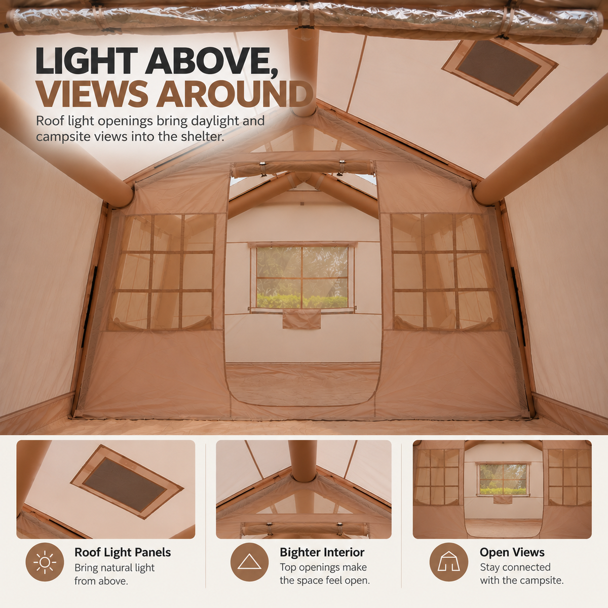 Inflatable Cabin Tent 300x400cm with Side Awning and Roof Skylight - Khaki