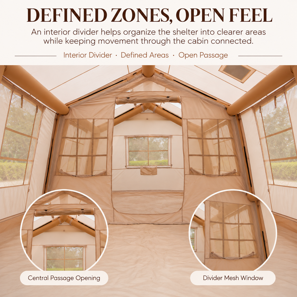 Inflatable Cabin Tent 300x400cm with Side Awning and Roof Skylight - Khaki