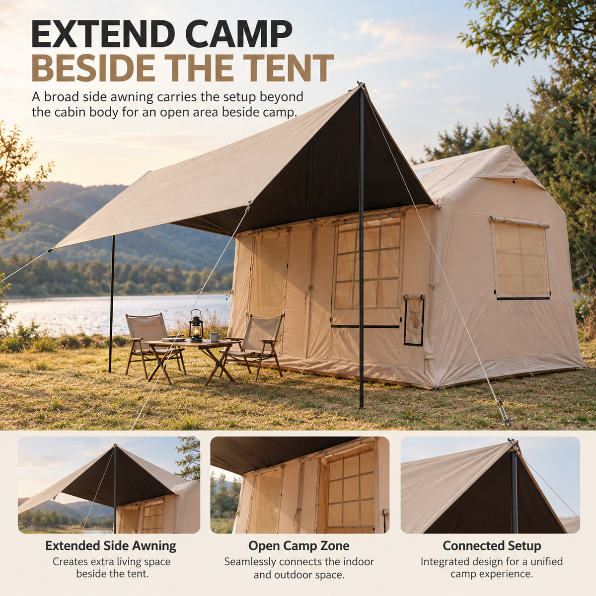 Inflatable Cabin Tent 300x400cm with Side Awning and Roof Skylight - Khaki