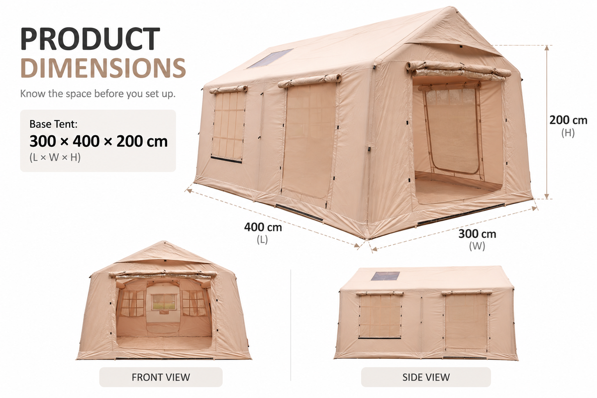 Inflatable Cabin Tent 300x400cm with Side Awning and Roof Skylight - Khaki