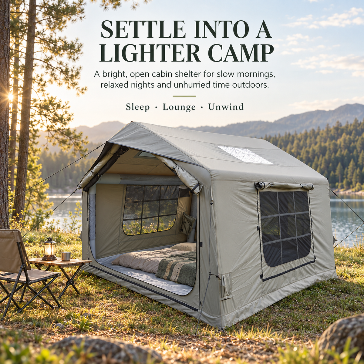 Inflatable Cabin Camping Tent with Skylight Mesh 300x265cm - Grey