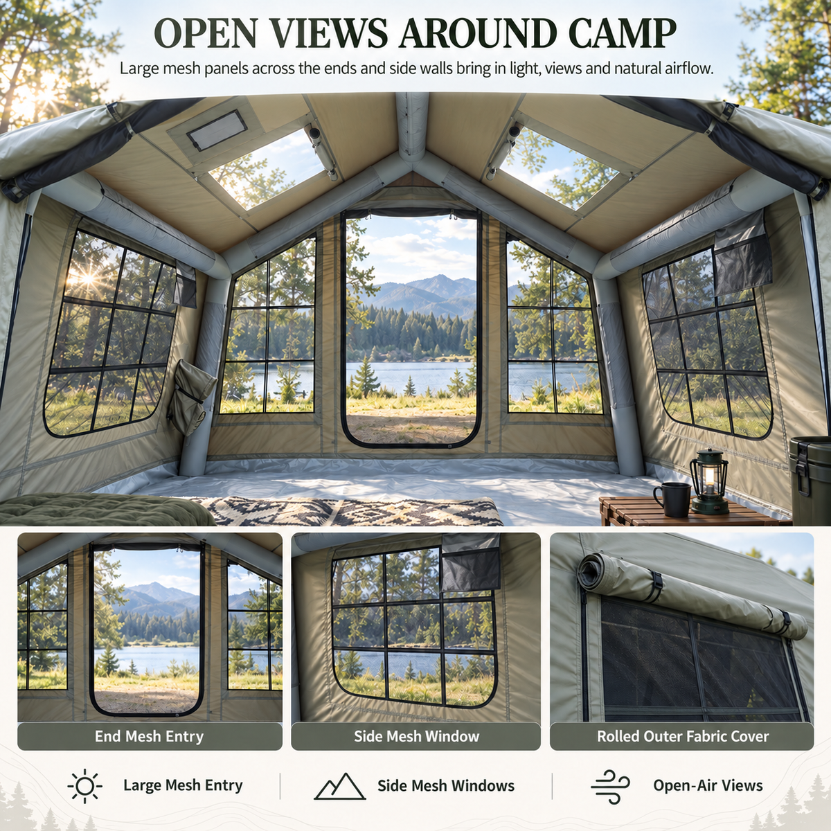 Inflatable Cabin Camping Tent with Skylight Mesh 300x265cm - Grey