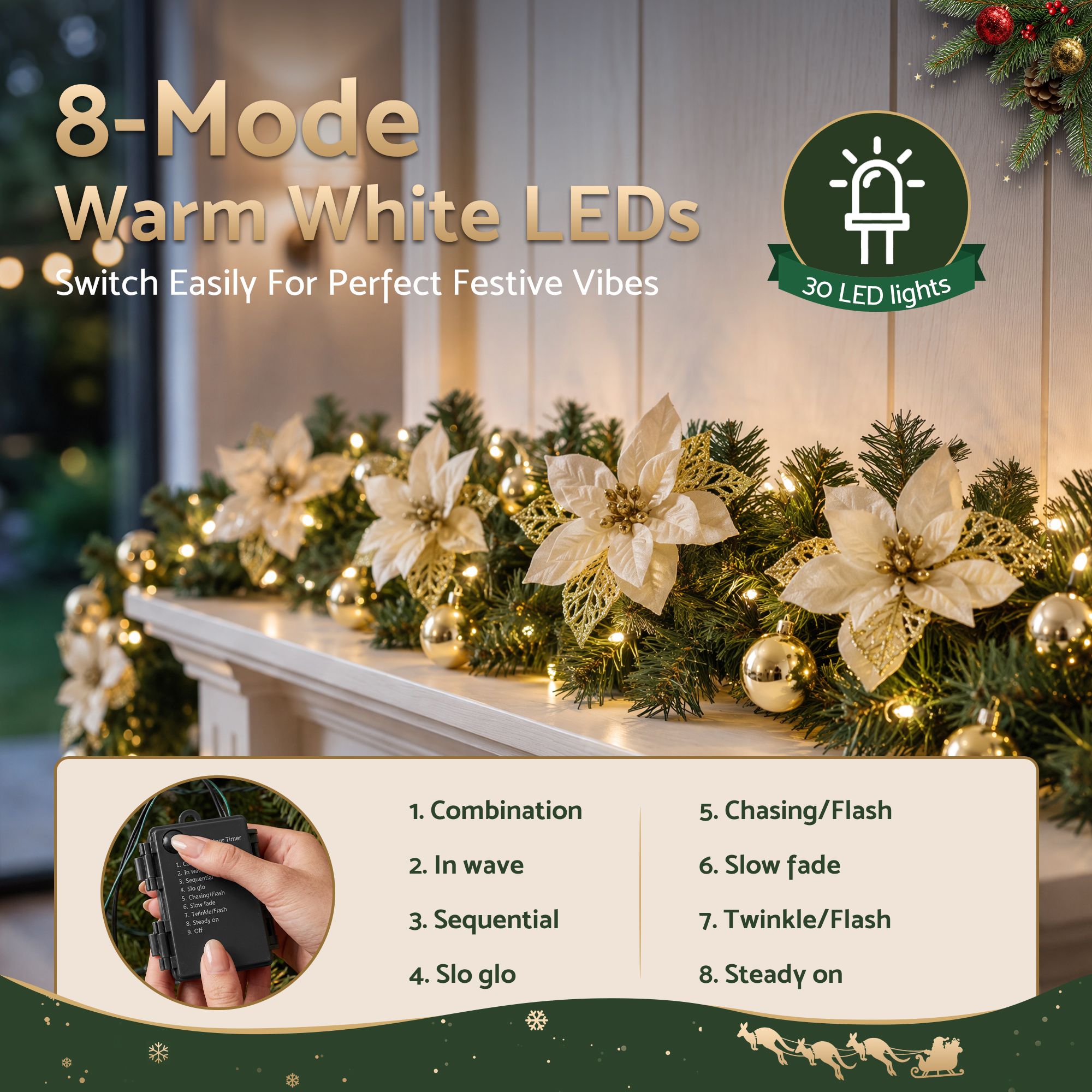 2.7M Christmas Garland 8 Mode LEDs Timing 200 Tips Flowers Balls