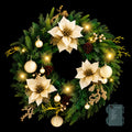 60cm Pre-Lit Christmas Wreath LED Garlands Gold Flowers Pinecones Decor