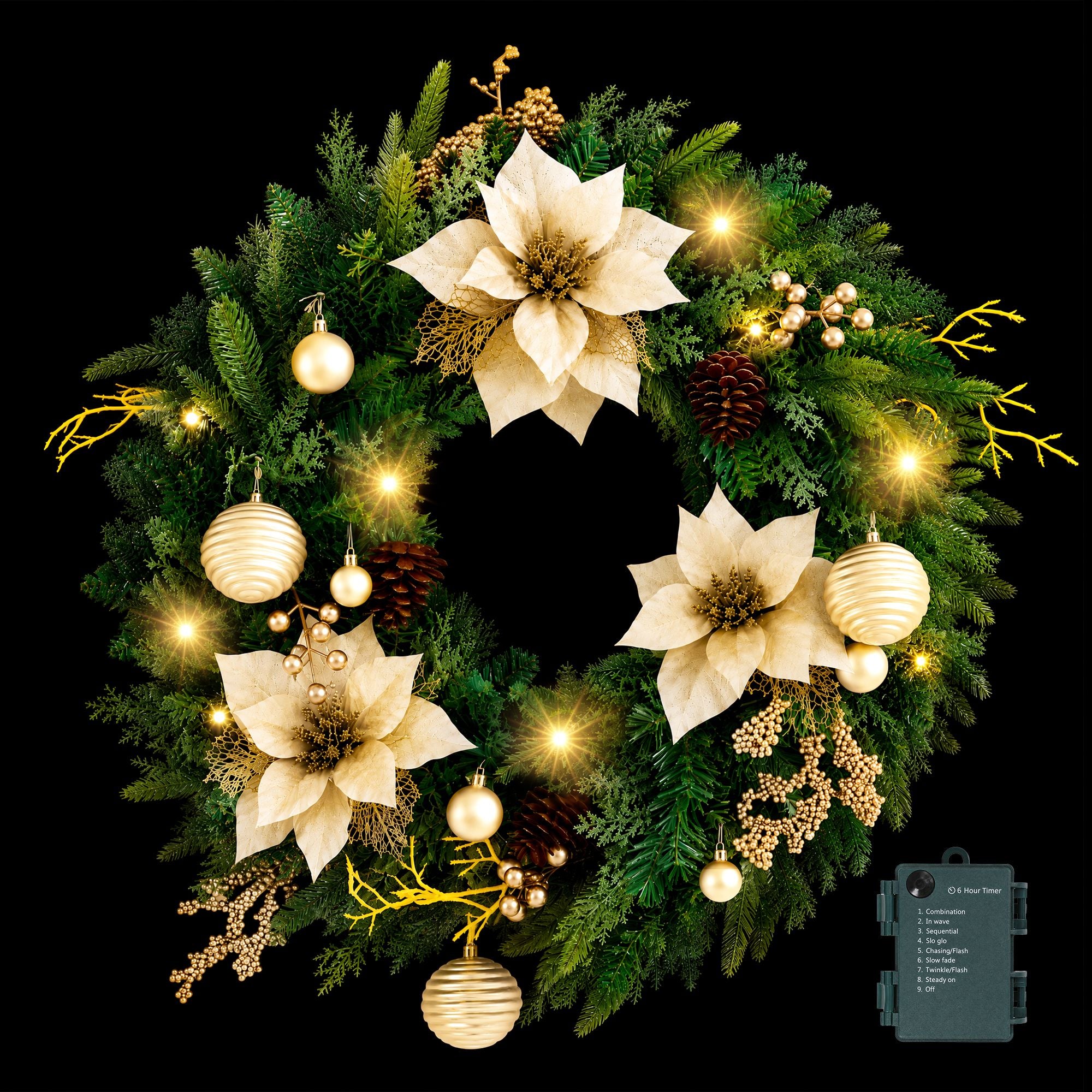 60cm Pre-Lit Christmas Wreath LED Garlands Gold Flowers Pinecones Decor
