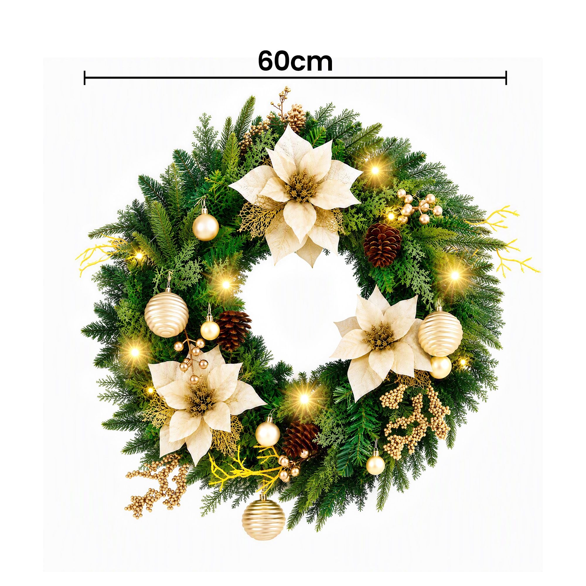 60cm Pre-Lit Christmas Wreath LED Garlands Gold Flowers Pinecones Decor