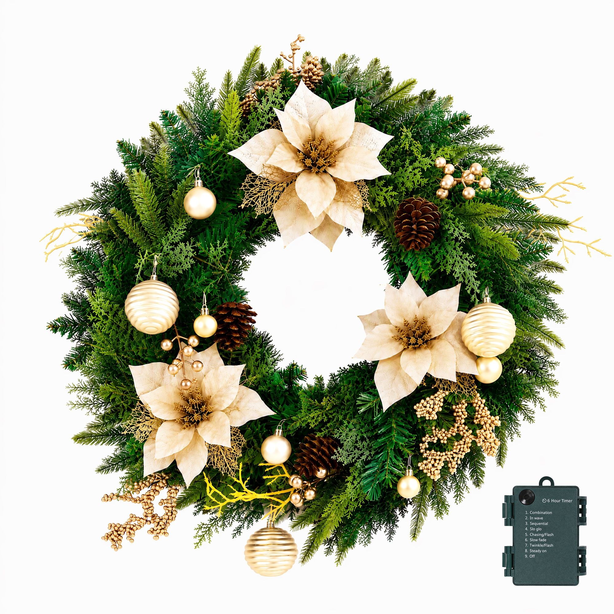 60cm Pre-Lit Christmas Wreath LED Garlands Gold Flowers Pinecones Decor