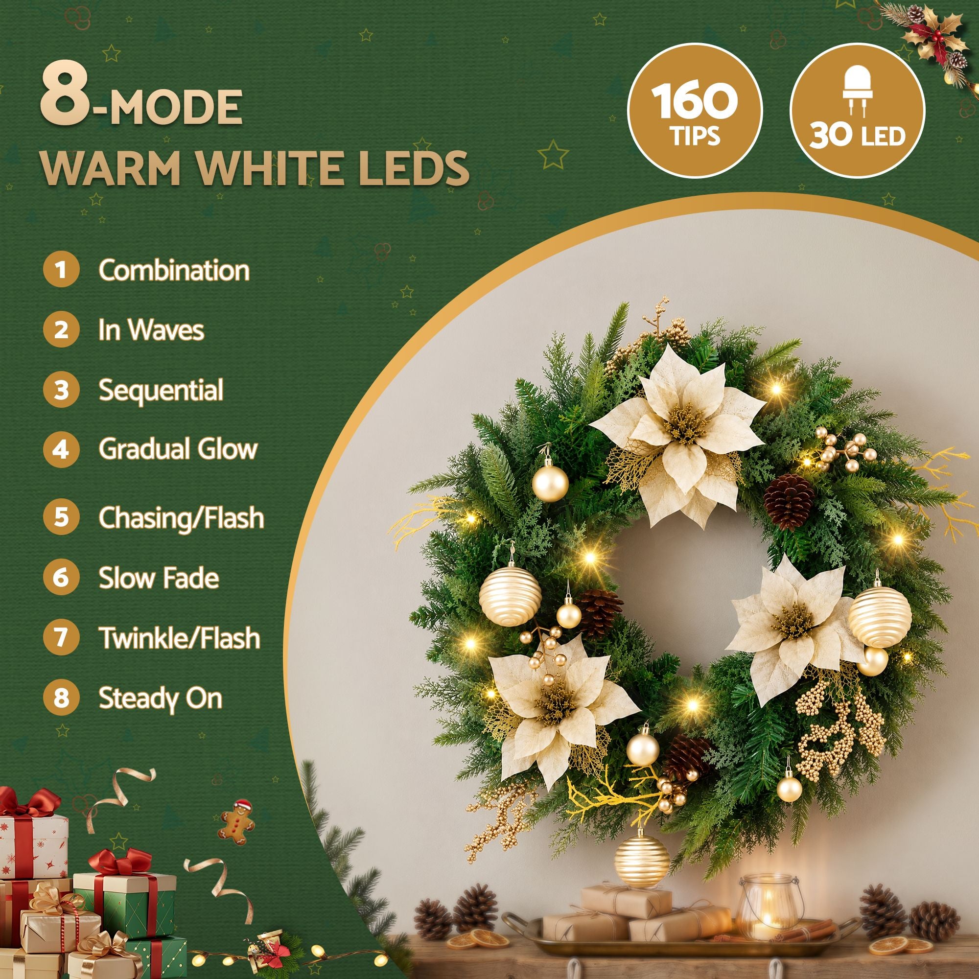 60cm Pre-Lit Christmas Wreath LED Garlands Gold Flowers Pinecones Decor