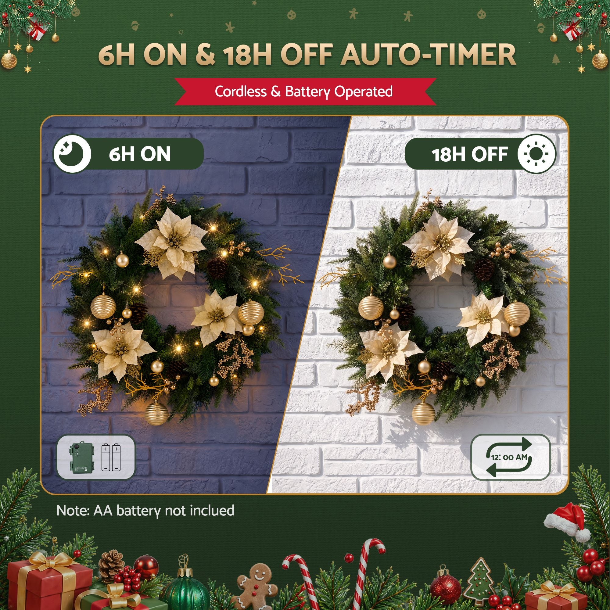 60cm Pre-Lit Christmas Wreath LED Garlands Gold Flowers Pinecones Decor