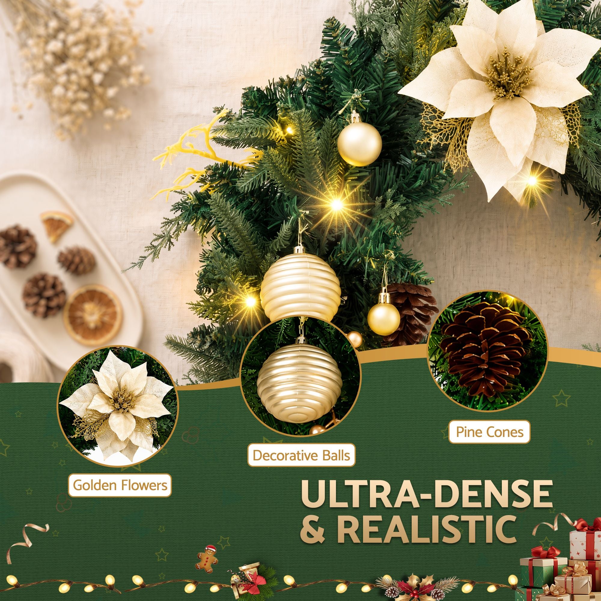 60cm Pre-Lit Christmas Wreath LED Garlands Gold Flowers Pinecones Decor