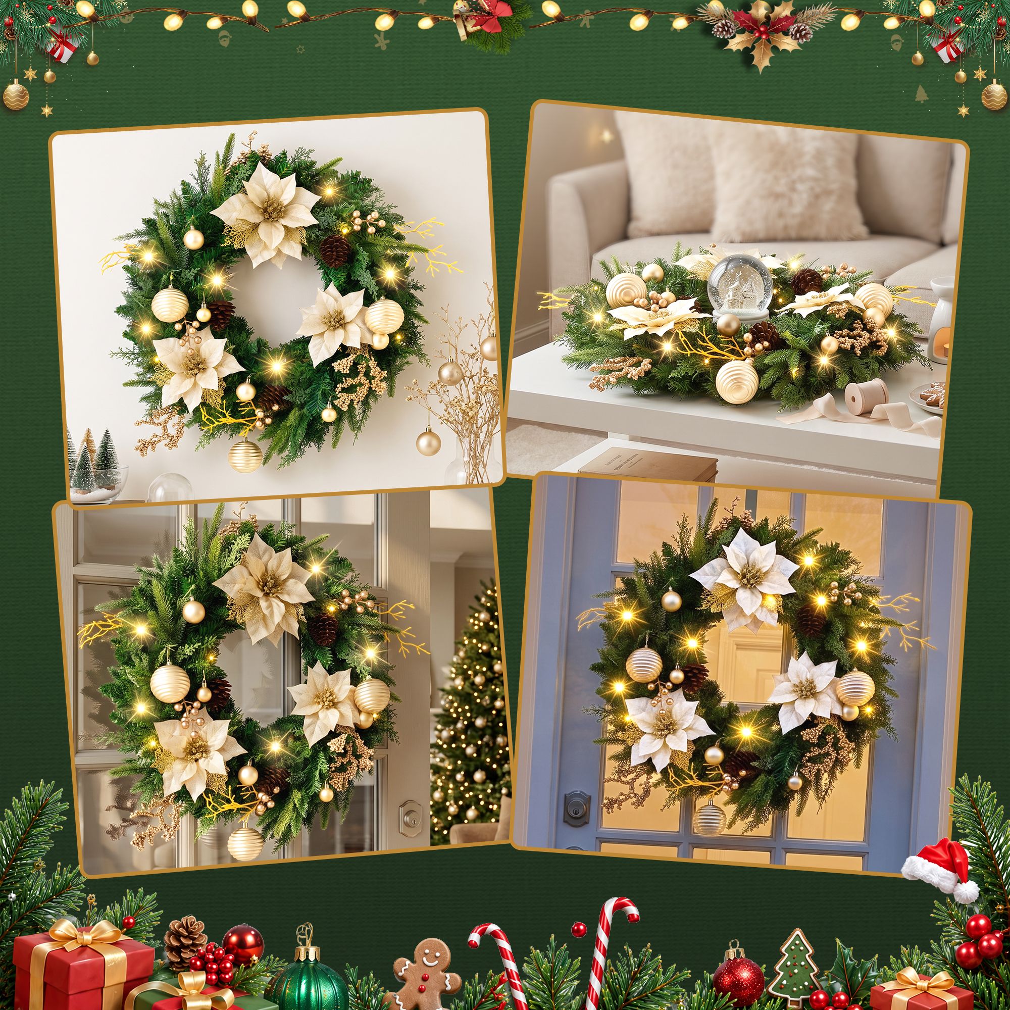 60cm Pre-Lit Christmas Wreath LED Garlands Gold Flowers Pinecones Decor