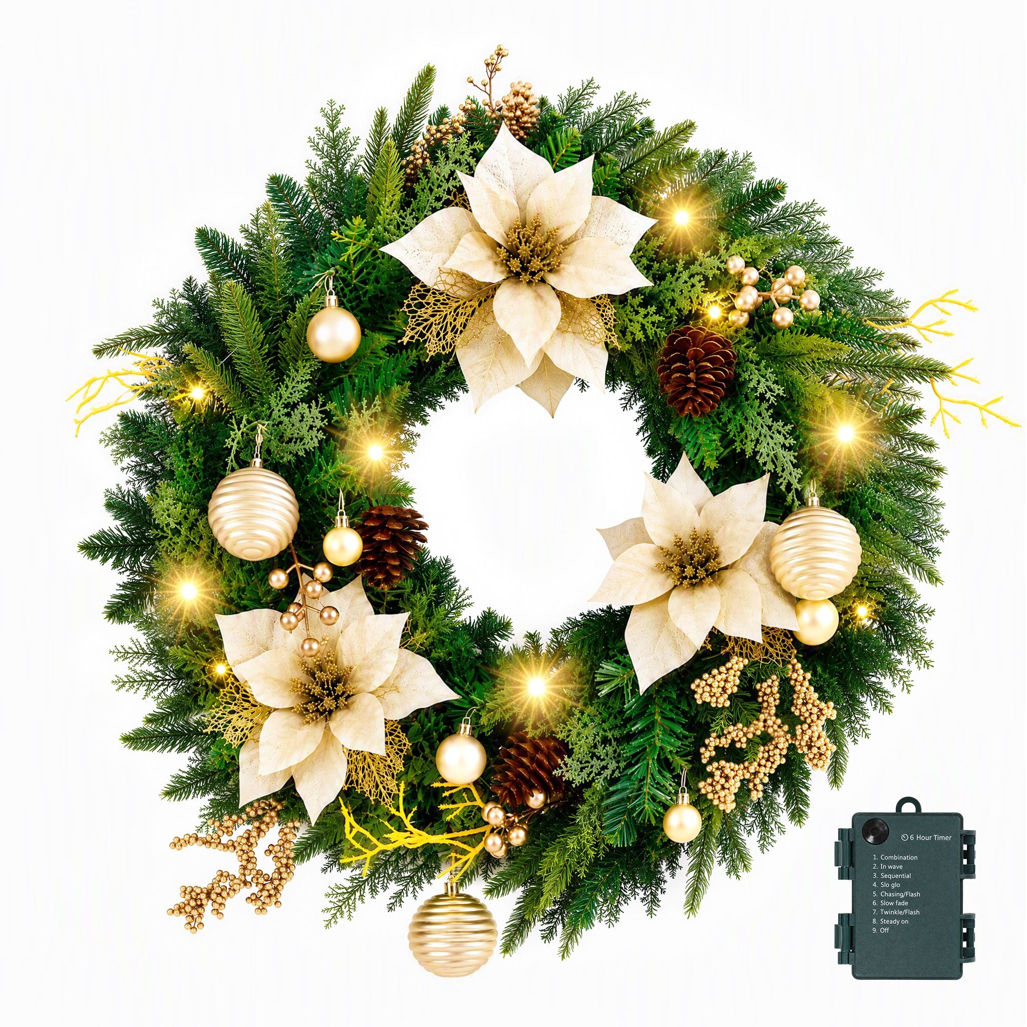 60cm Pre-Lit Christmas Wreath LED Garlands Gold Flowers Pinecones Decor