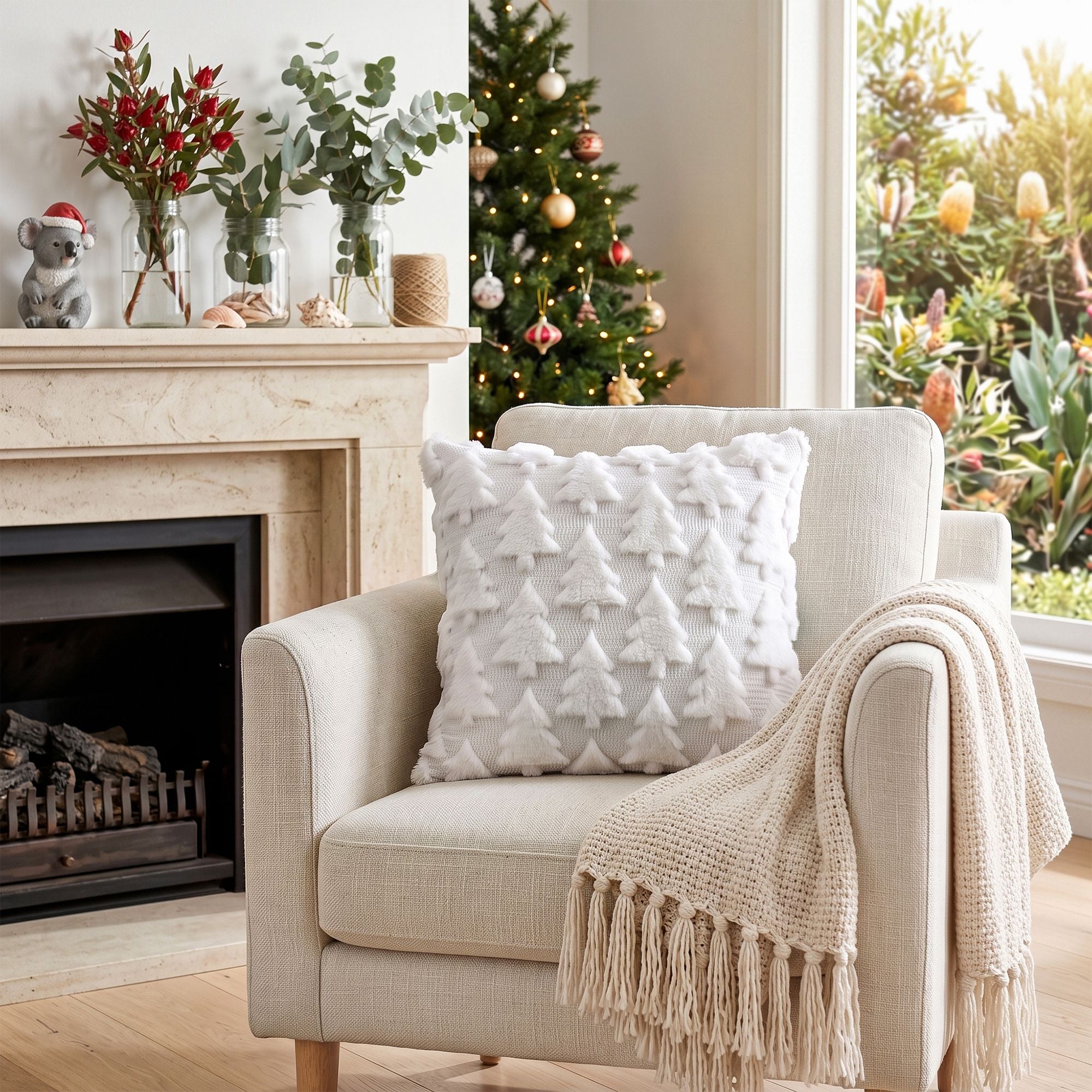 Christmas Tree Pillow Covers 2 Packs Cushion Covers Soft Faux Fur Jacquard Throw Pillow Covers 45 x 45cm White
