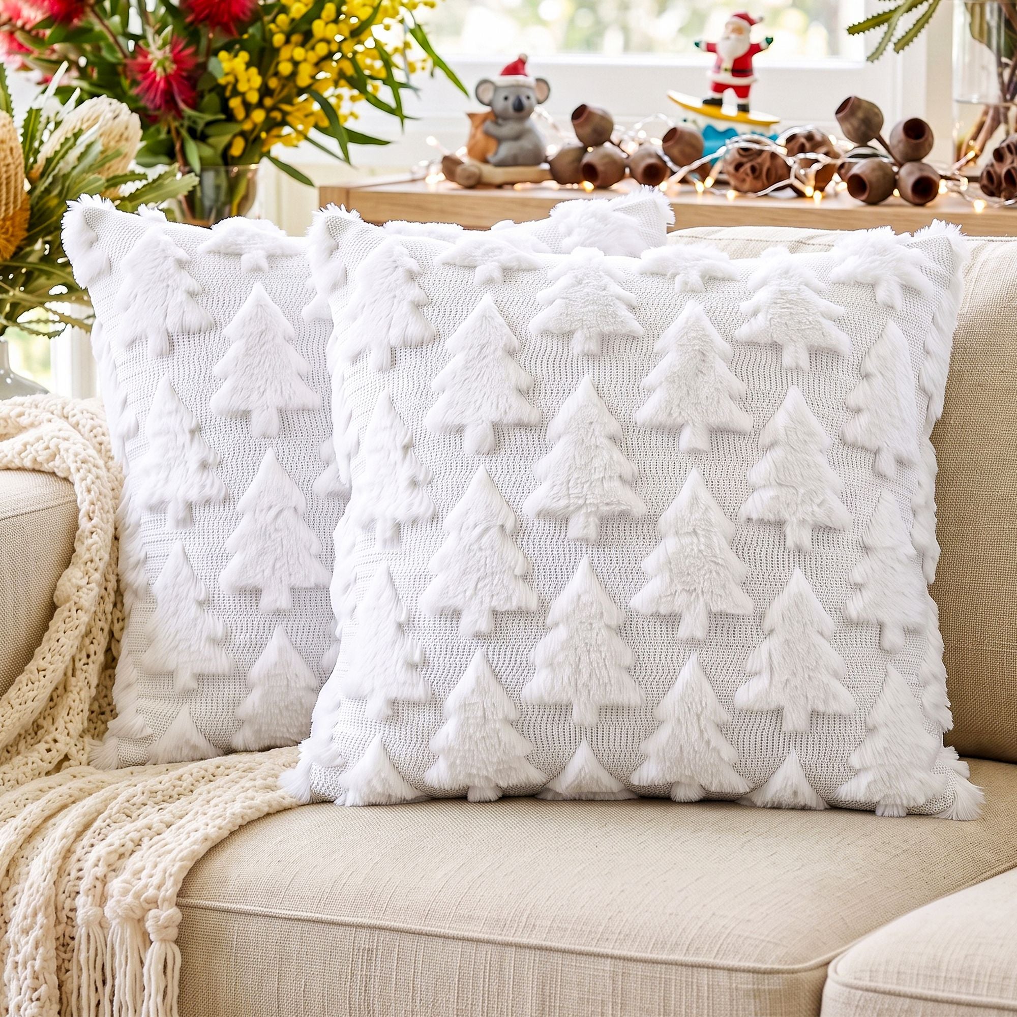 Christmas Tree Pillow Covers 2 Packs Cushion Covers Soft Faux Fur Jacquard Throw Pillow Covers 45 x 45cm White