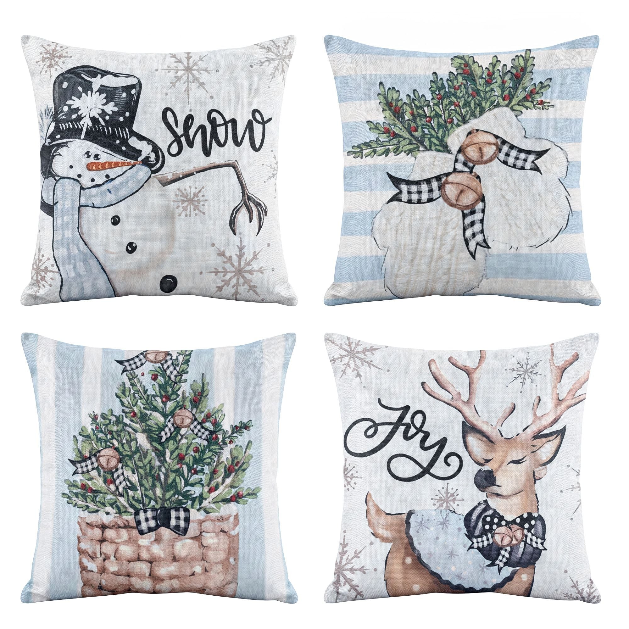 Christmas Cushion Covers Set of 4 Pillow Covers 45x45cm with 4 Cute Patterns Blue