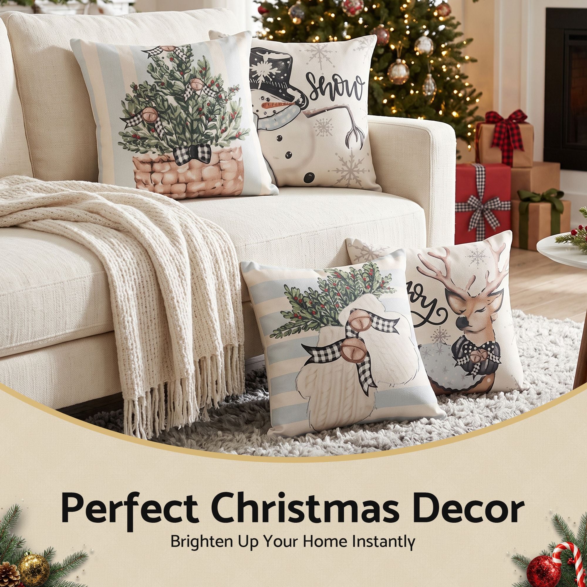 Christmas Cushion Covers Set of 4 Pillow Covers 45x45cm with 4 Cute Patterns Blue