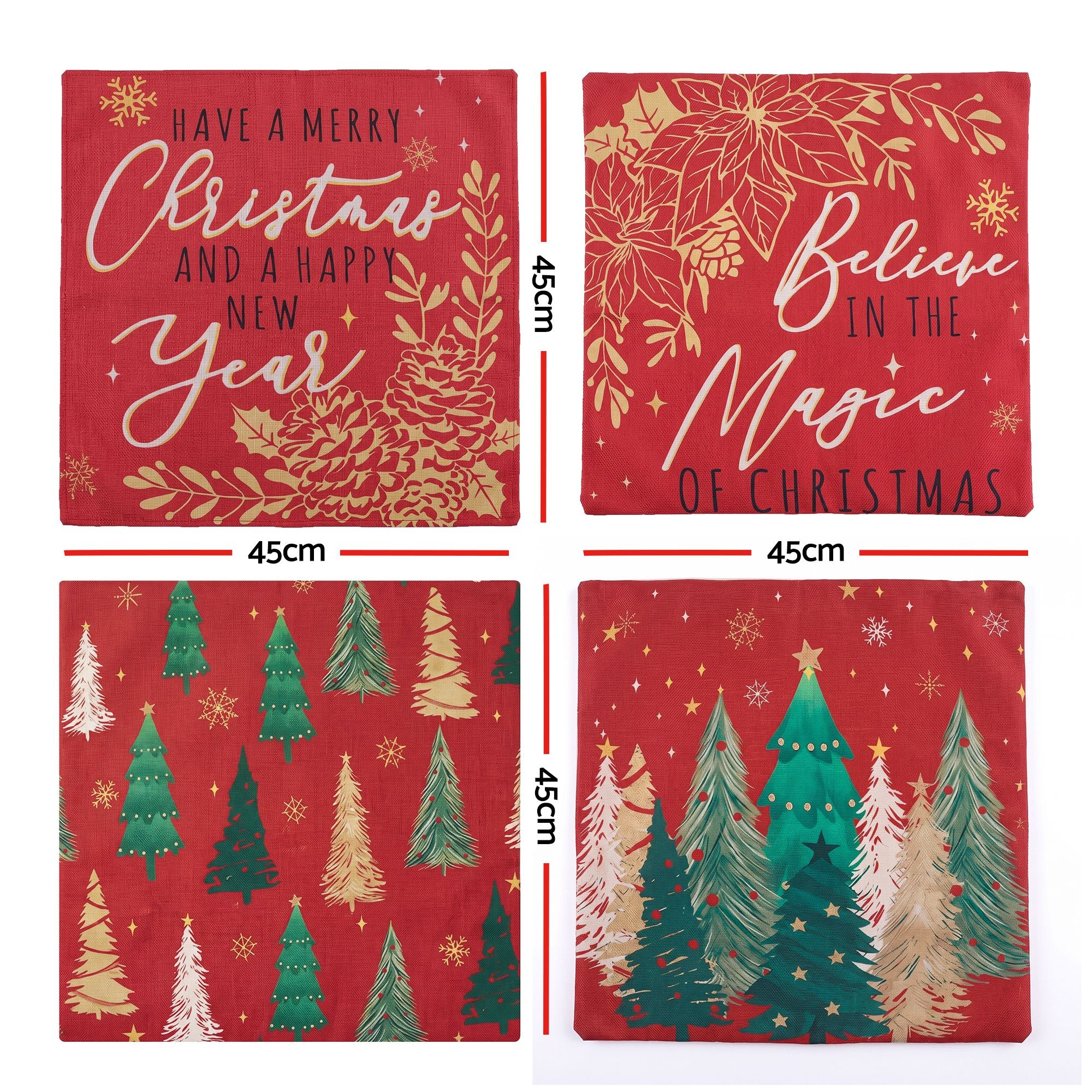 Christmas Cushion Covers Set of 4 Pillow Covers 45x45cm with 4 Cute Patterns Red