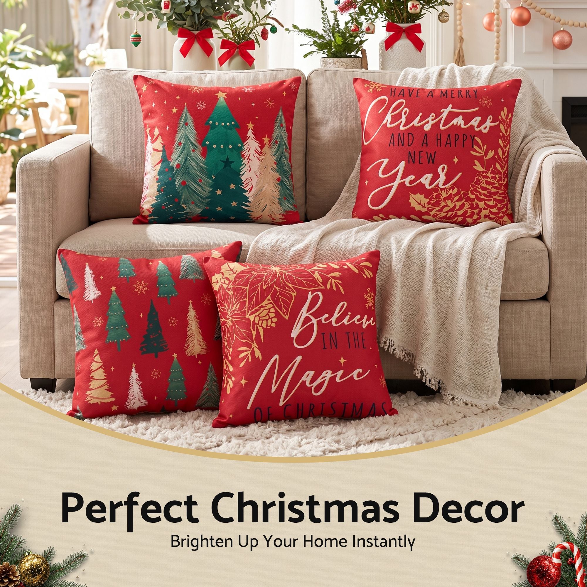 Christmas Cushion Covers Set of 4 Pillow Covers 45x45cm with 4 Cute Patterns Red