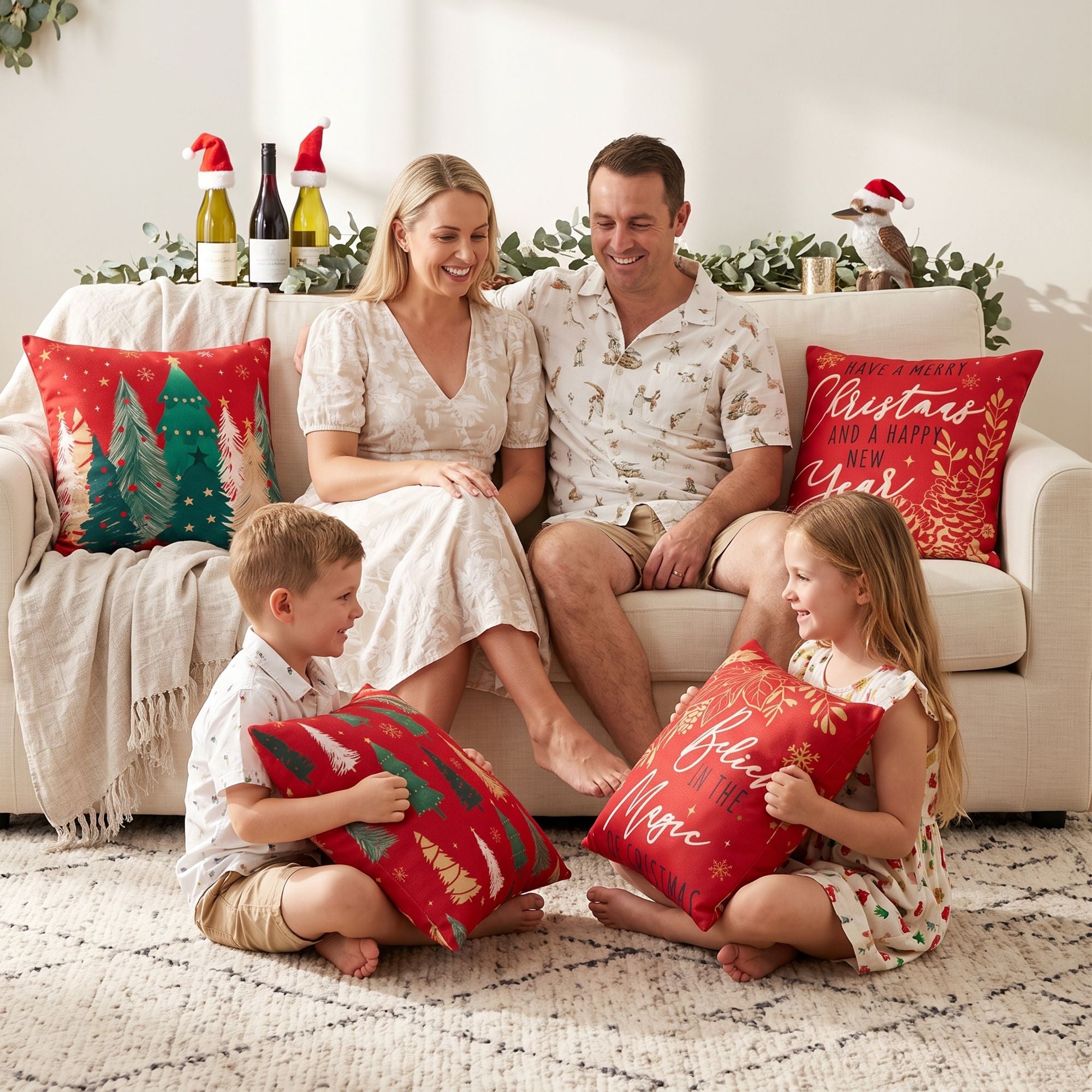 Christmas Cushion Covers Set of 4 Pillow Covers 45x45cm with 4 Cute Patterns Red