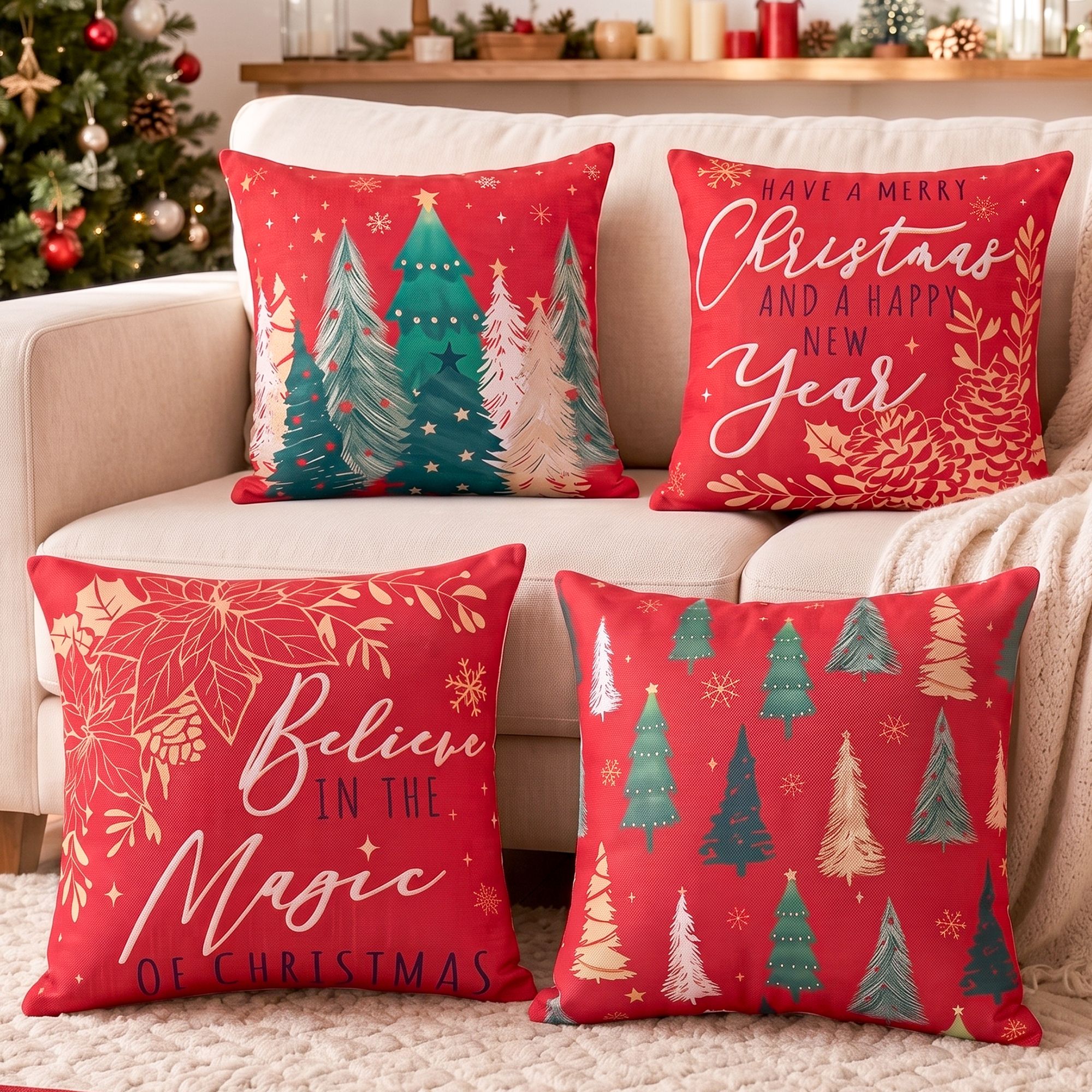 Christmas Cushion Covers Set of 4 Pillow Covers 45x45cm with 4 Cute Patterns Red