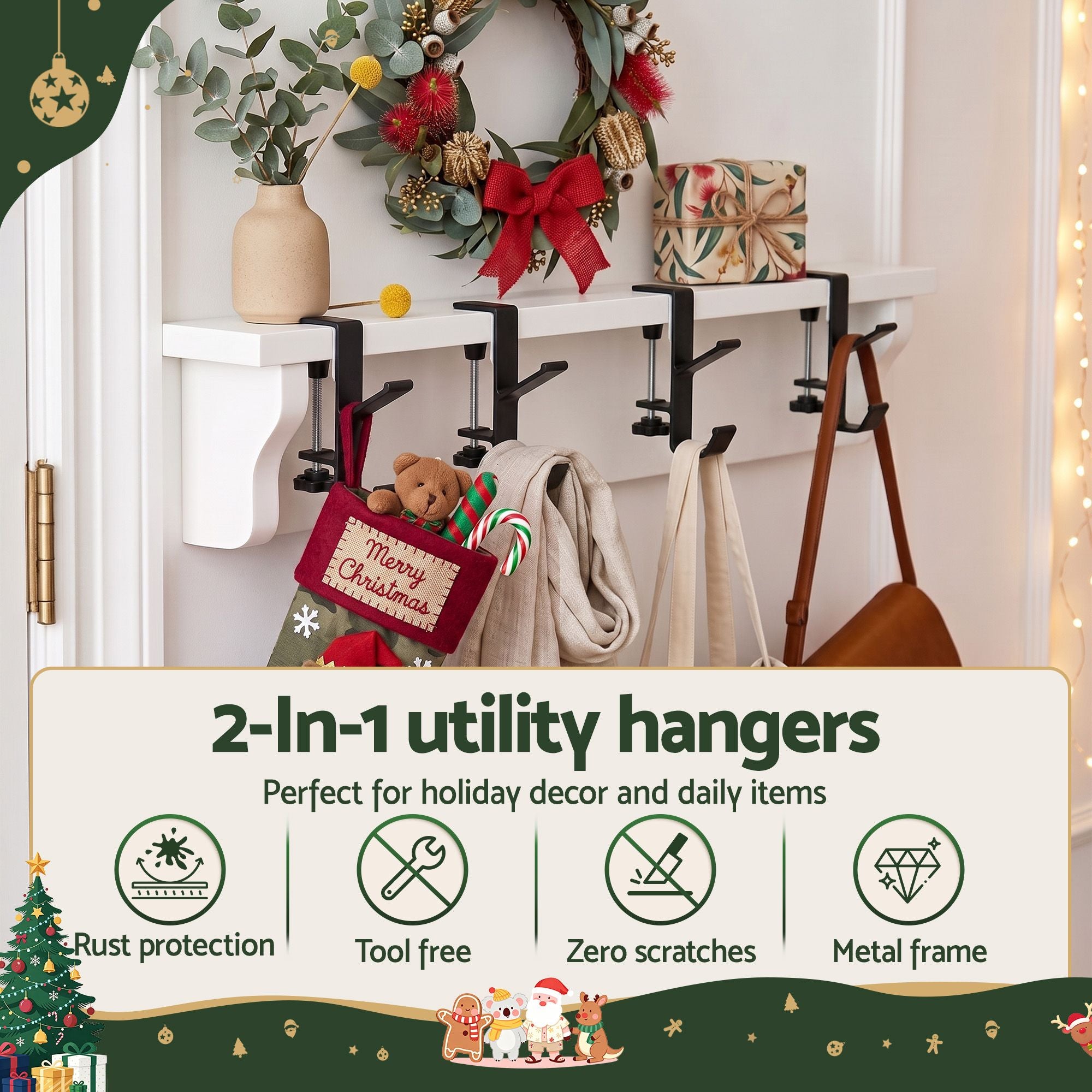 Christmas Garland Hangers X4 Stocking Hooks Wreath 2-In-1 No Drill