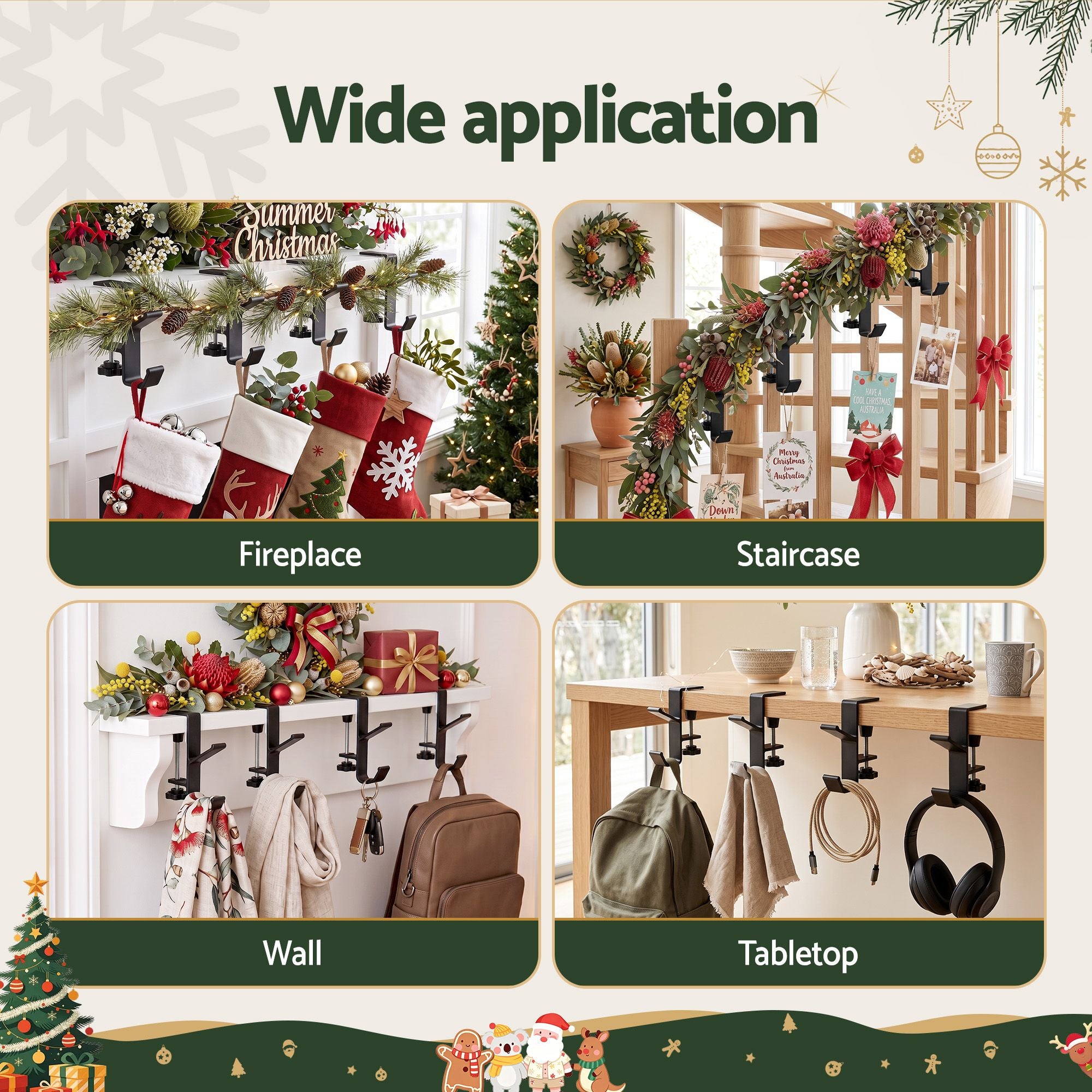 Christmas Garland Hangers X4 Stocking Hooks Wreath 2-In-1 No Drill