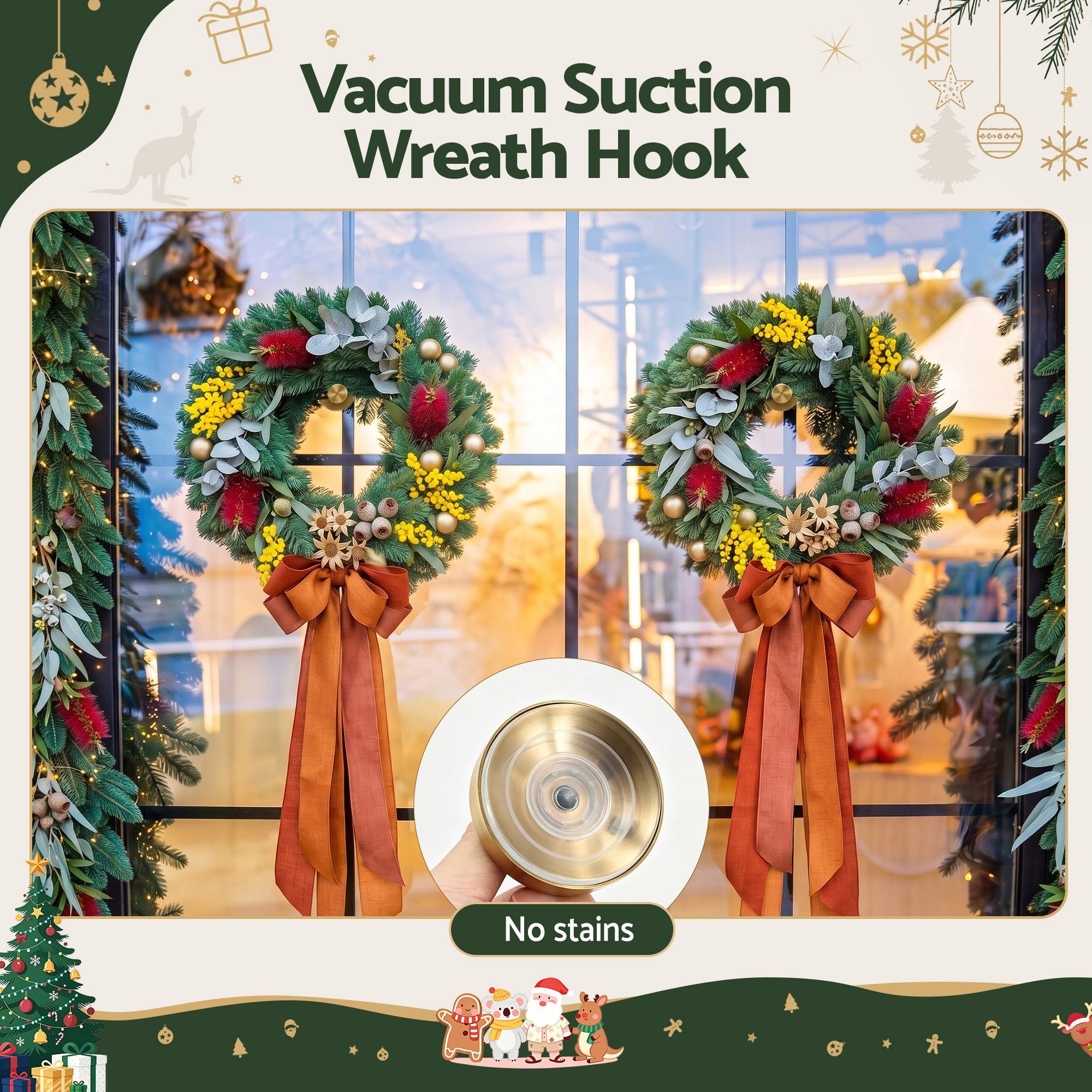 2x Vacuum Suction Cup Christmas Wreath Hook Stainless Steel Heavy Duty 5kg