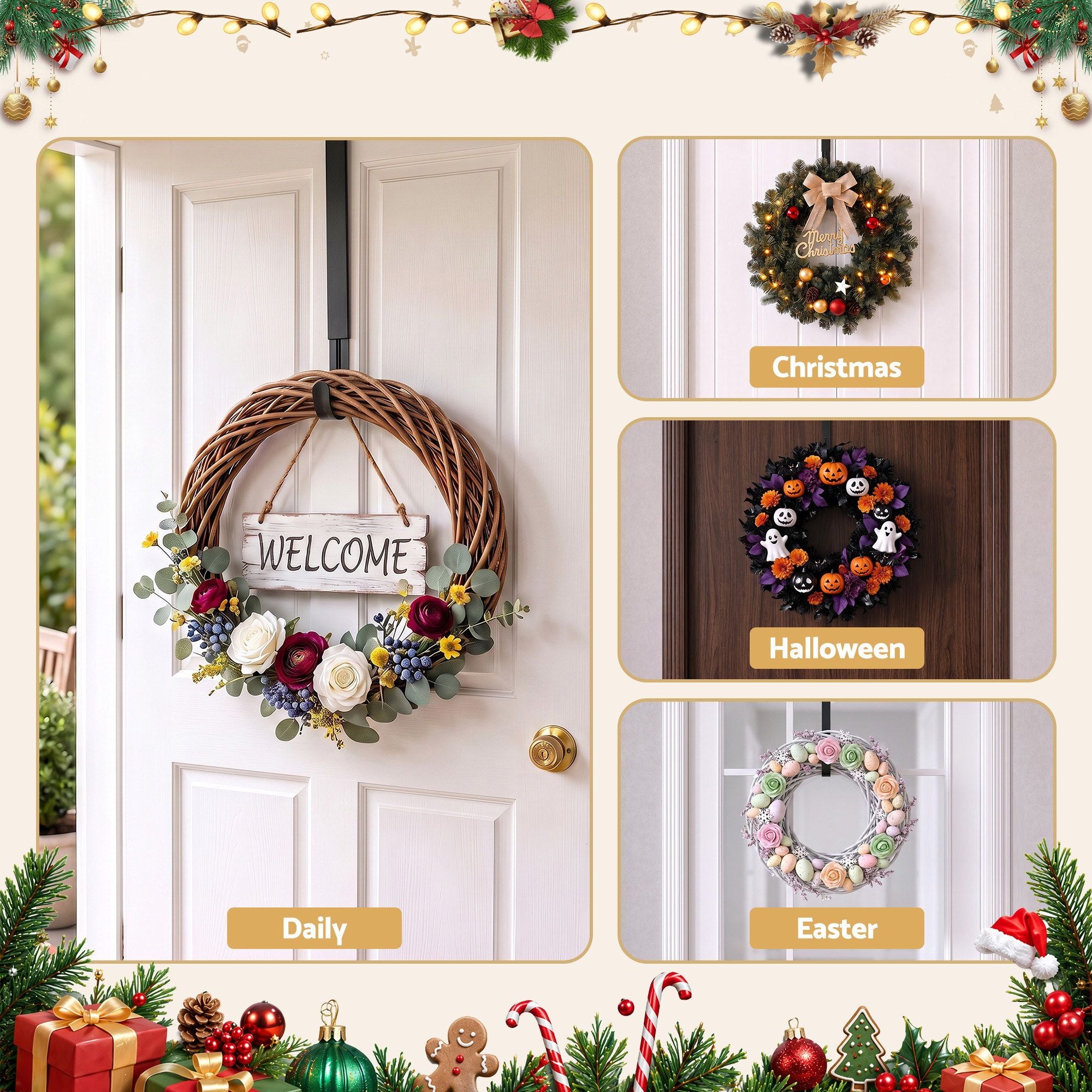 Christmas Wreath Hanger Metal Door Hook Height Adjustable