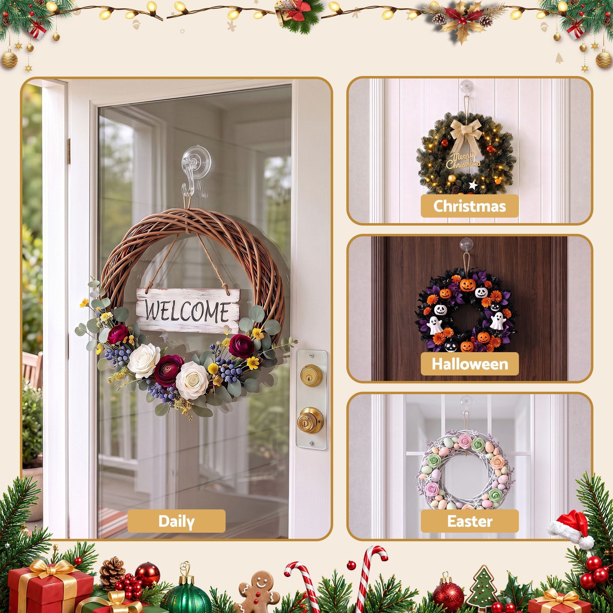 2x Suction Cup Hooks Heavy Duty Christmas Wreath Hanger Window 5kg