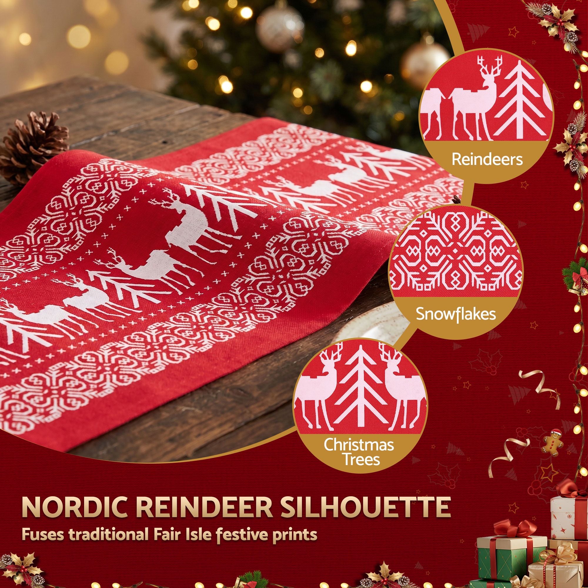 Christmas Table Runner Reindeers 270x28CM Dining Party Decor Red